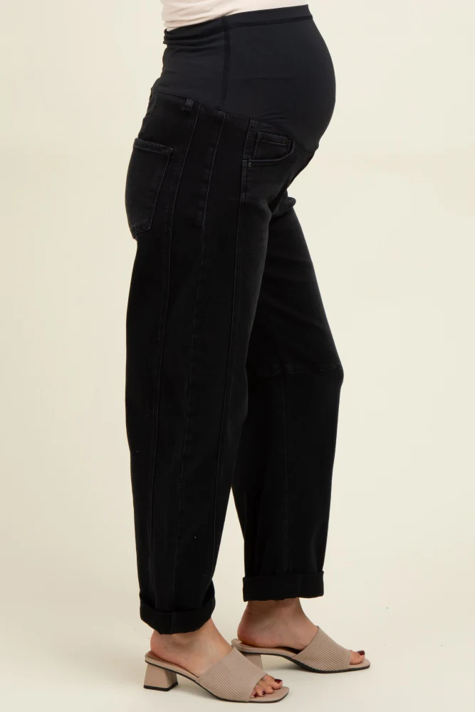 Black Rolled Cuff Barrel Leg Maternity Jeans - Image 5