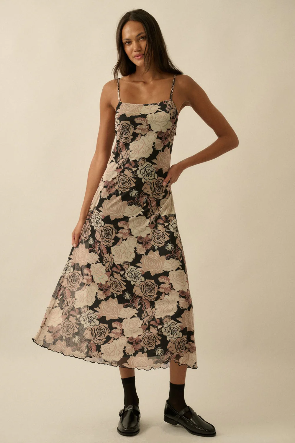 Black Rose Print Mesh Sleeveless Maternity Midi Dress - Image 4