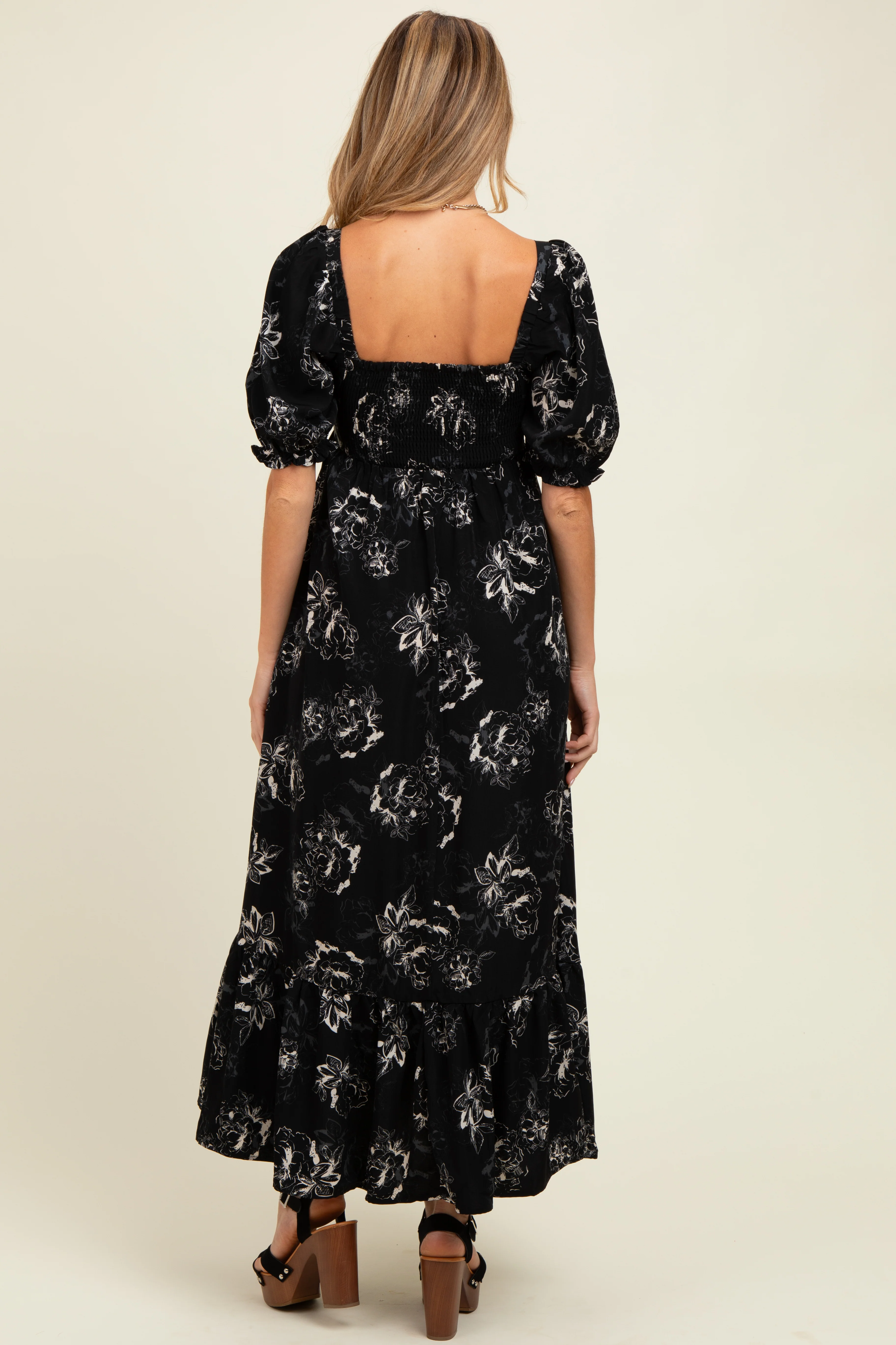 Black Rose Print Pleated Bodice Maternity Maxi Dress - Image 3