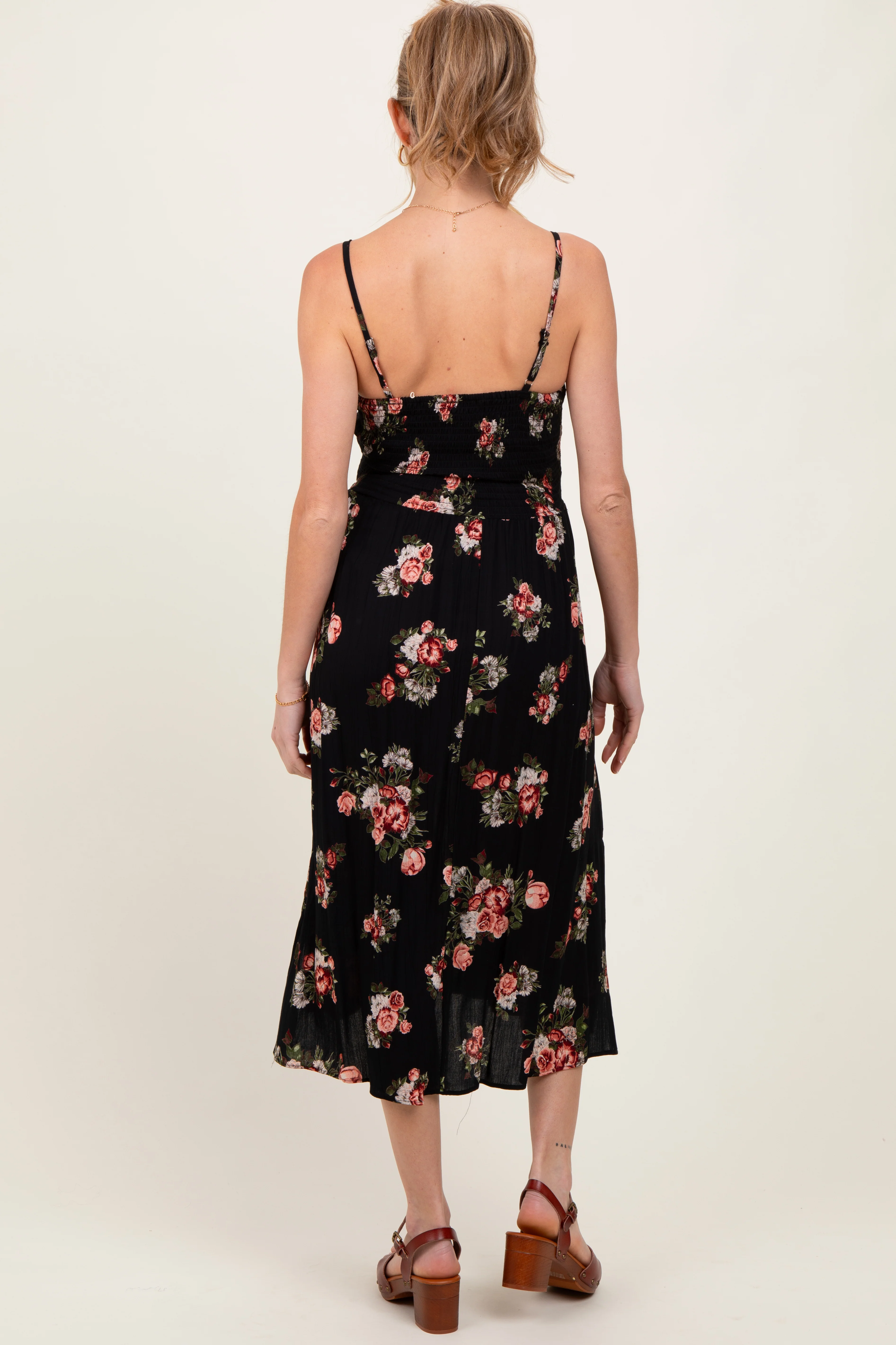 Black Rose Print Twist Front Cutout Maternity Midi Dress - Image 3
