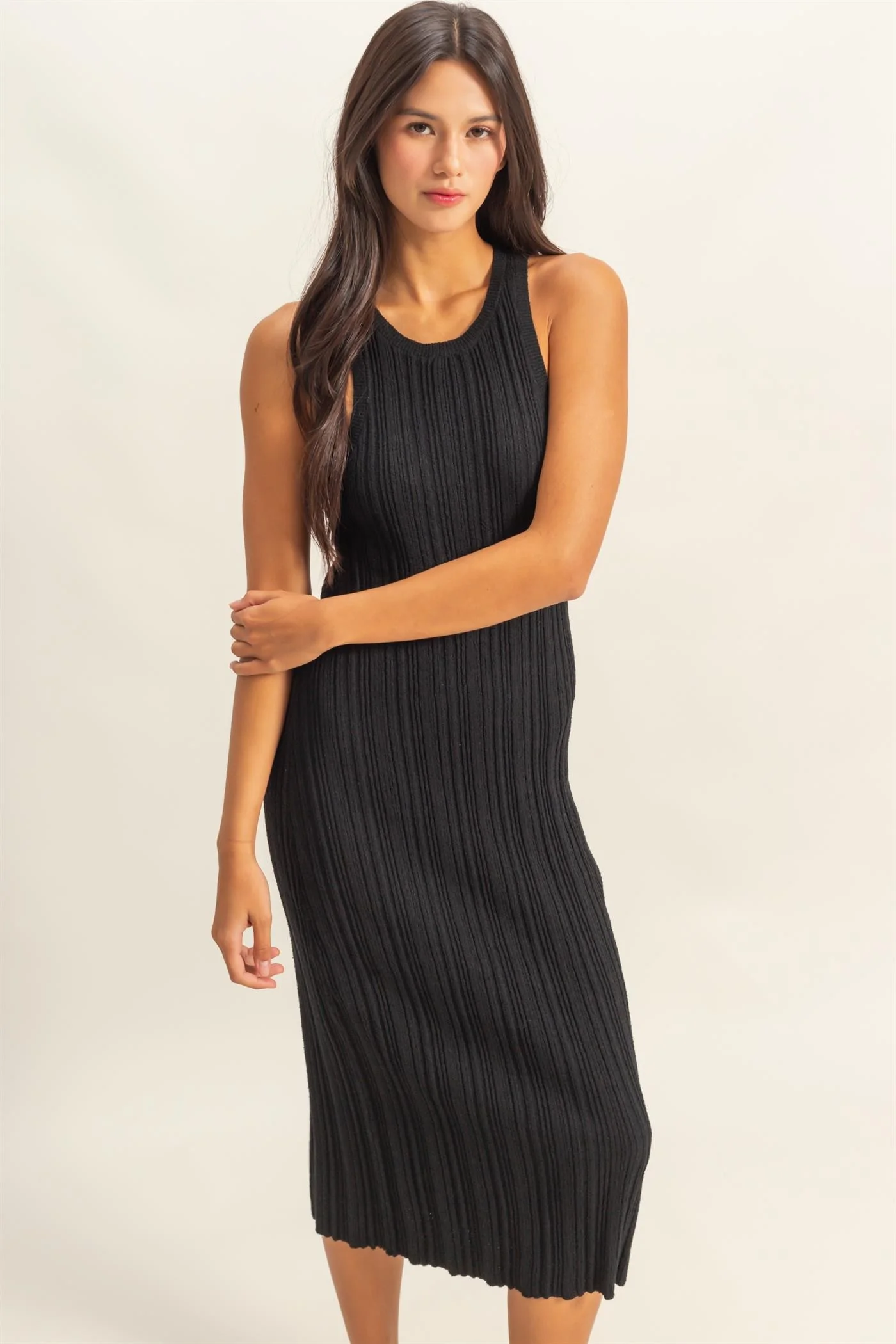 Black Round Neck Bodycon Ribbed Knit Maternity Midi Dress - Image 4