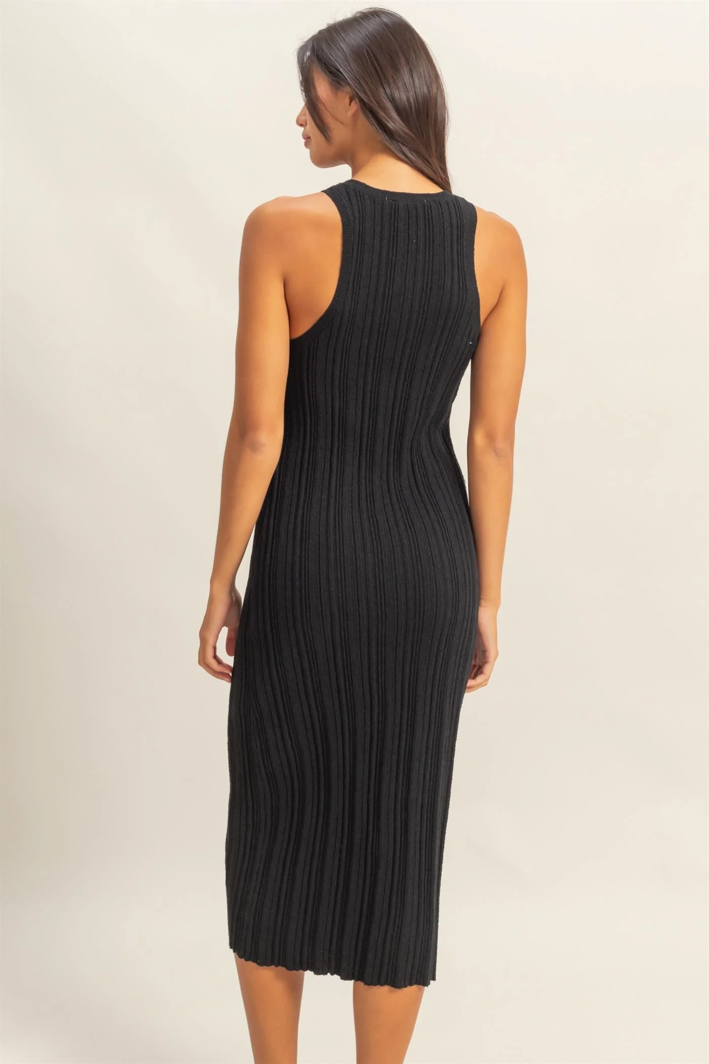 Black Round Neck Bodycon Ribbed Knit Midi Dress - Image 4