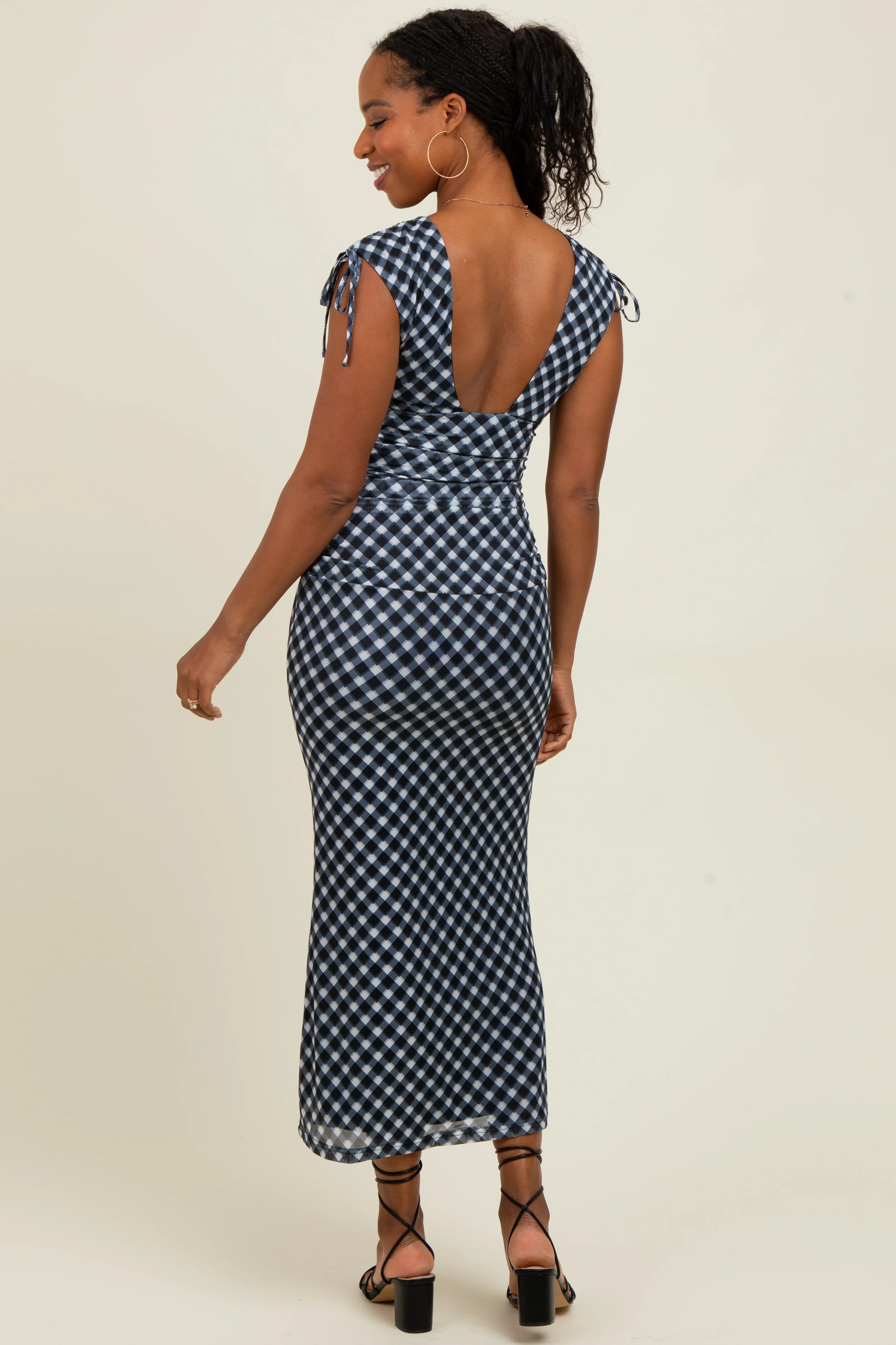 Black Ruched Gingham Shoulder Tie Maxi Dress - Image 4