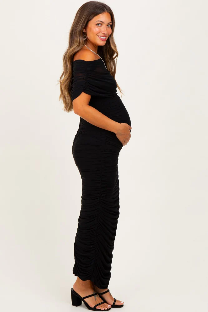 Black Ruched Mesh Foldover Off Shoulder Maternity Maxi Dress - Image 3