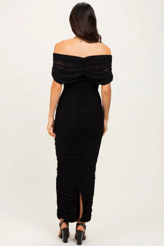 Black Ruched Mesh Foldover Off Shoulder Maxi Dress - Image 4