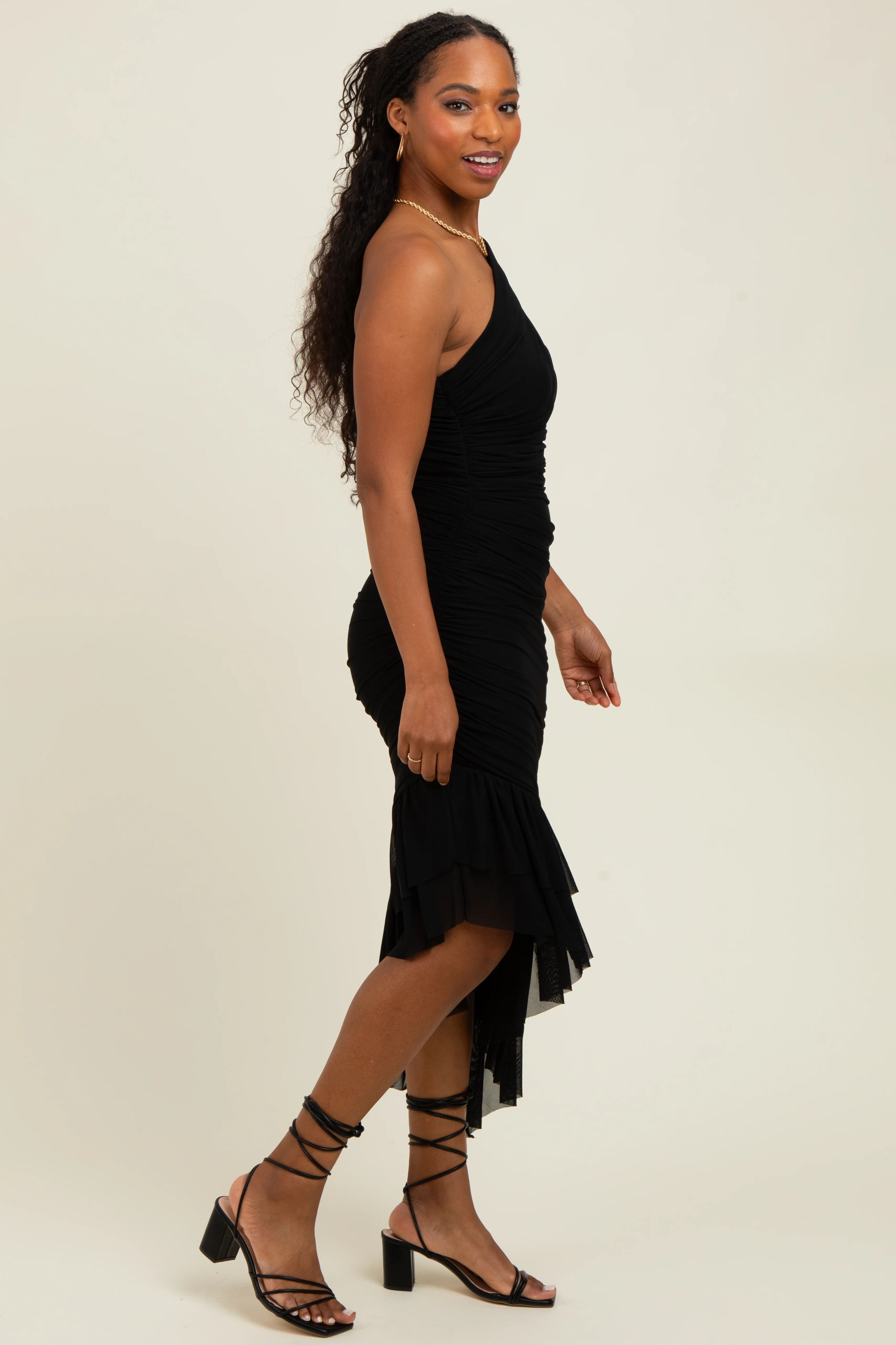 Black Ruched Mesh One Shoulder Asymmetric Dress - Image 2