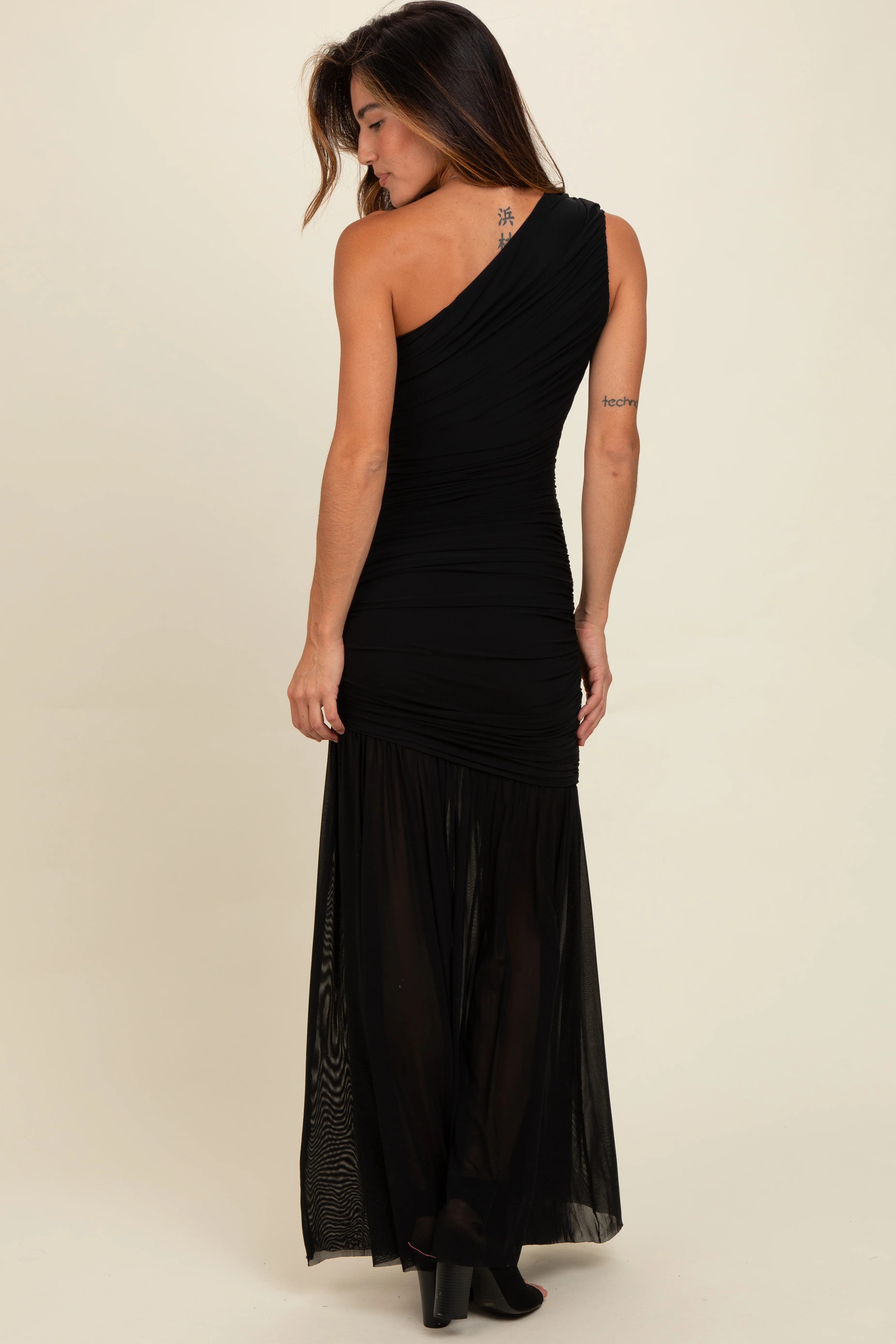 Black Ruched Mesh One Shoulder Maxi Dress - Image 4