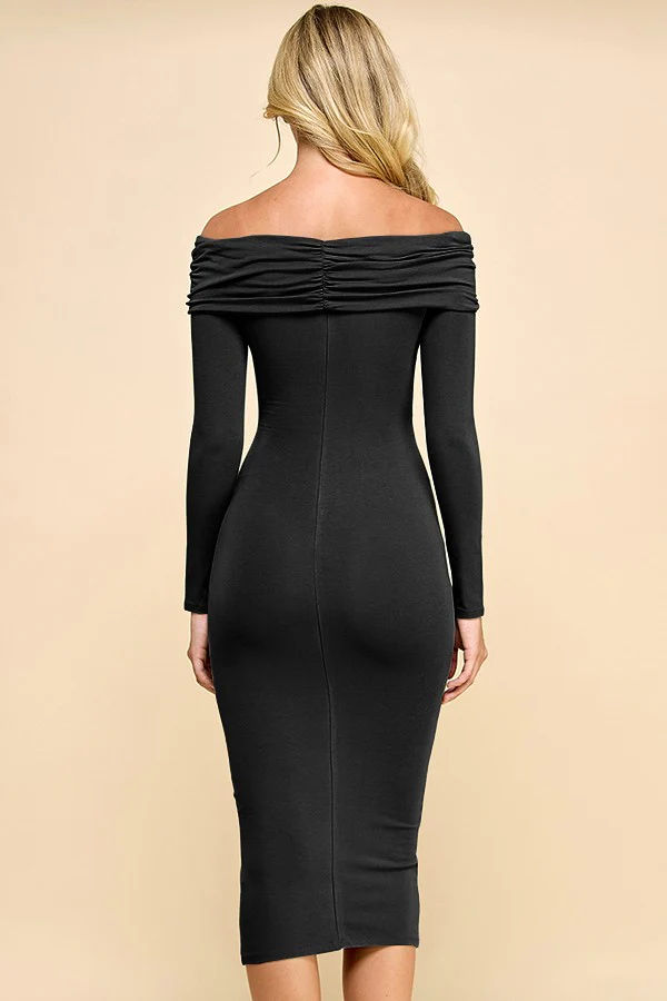 Black Ruched Off Shoulder Dress - Image 3