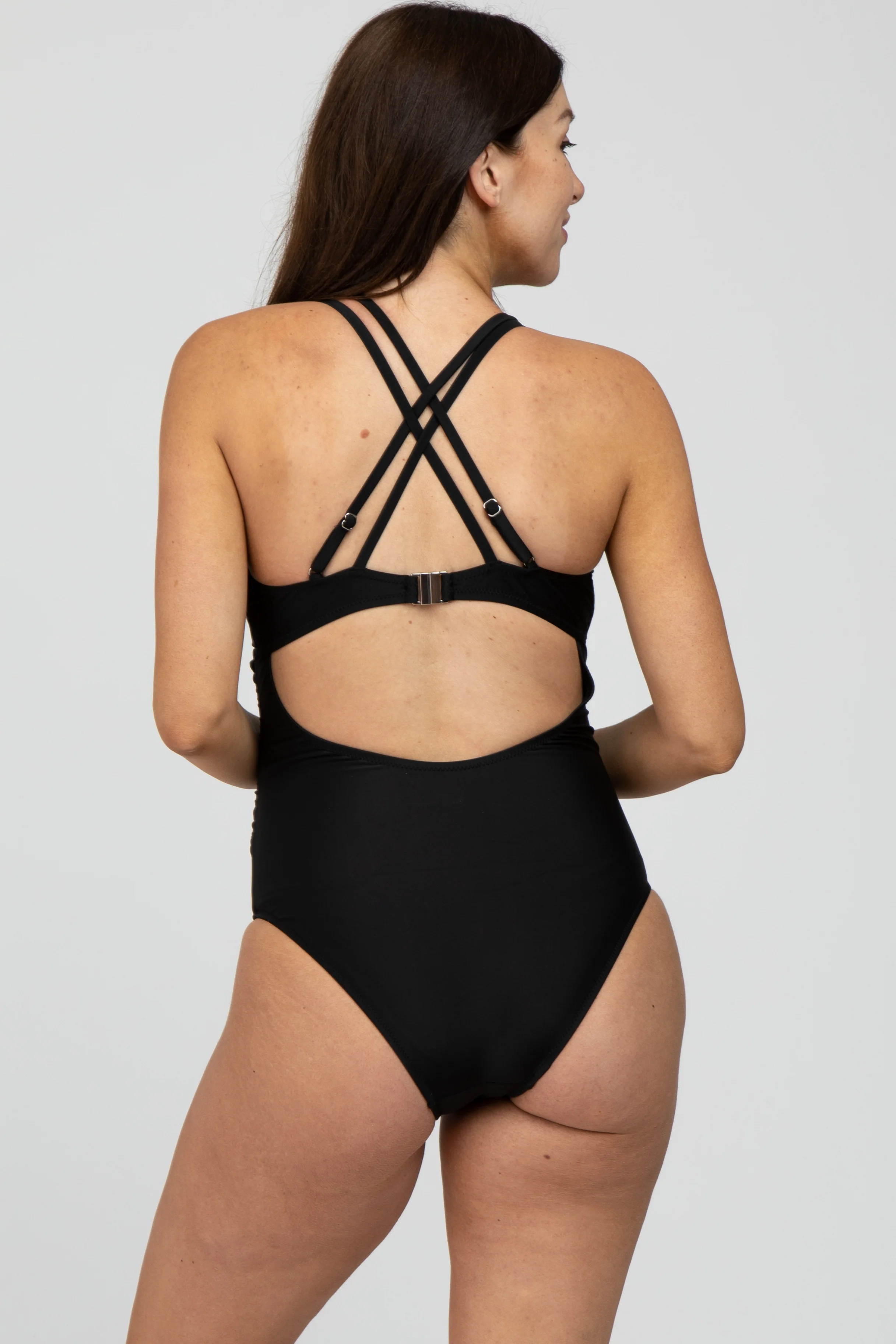 Black Ruched Side Strappy Cross Back Maternity One Piece Swimsuit - Image 4