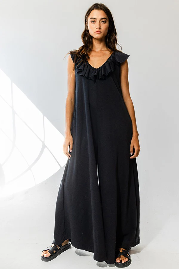 Black Ruffle Accent Wide Leg Maternity Jumpsuit - Image 4