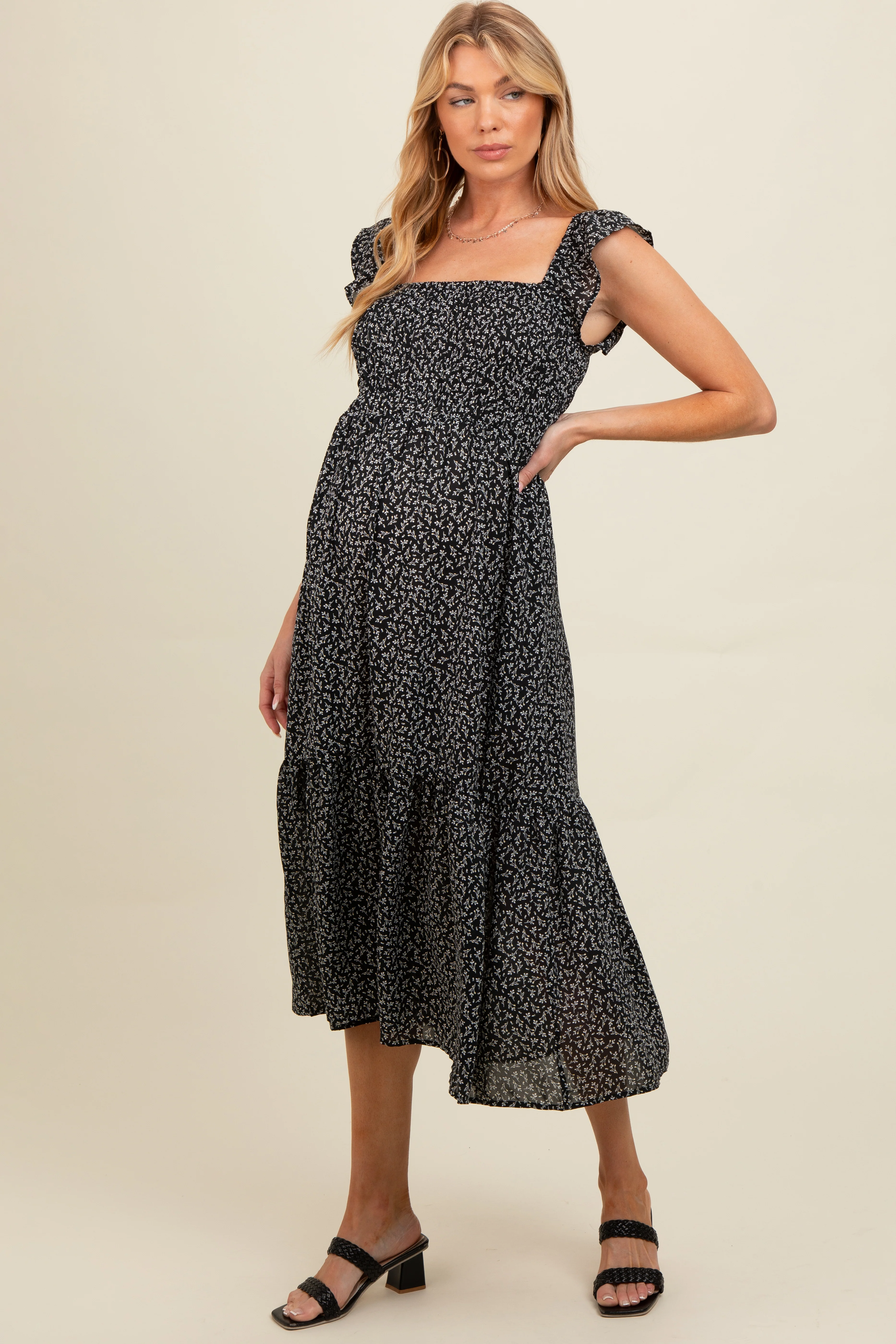 Black Ruffle Strap Smocked Maternity Mid Dress - Image 3