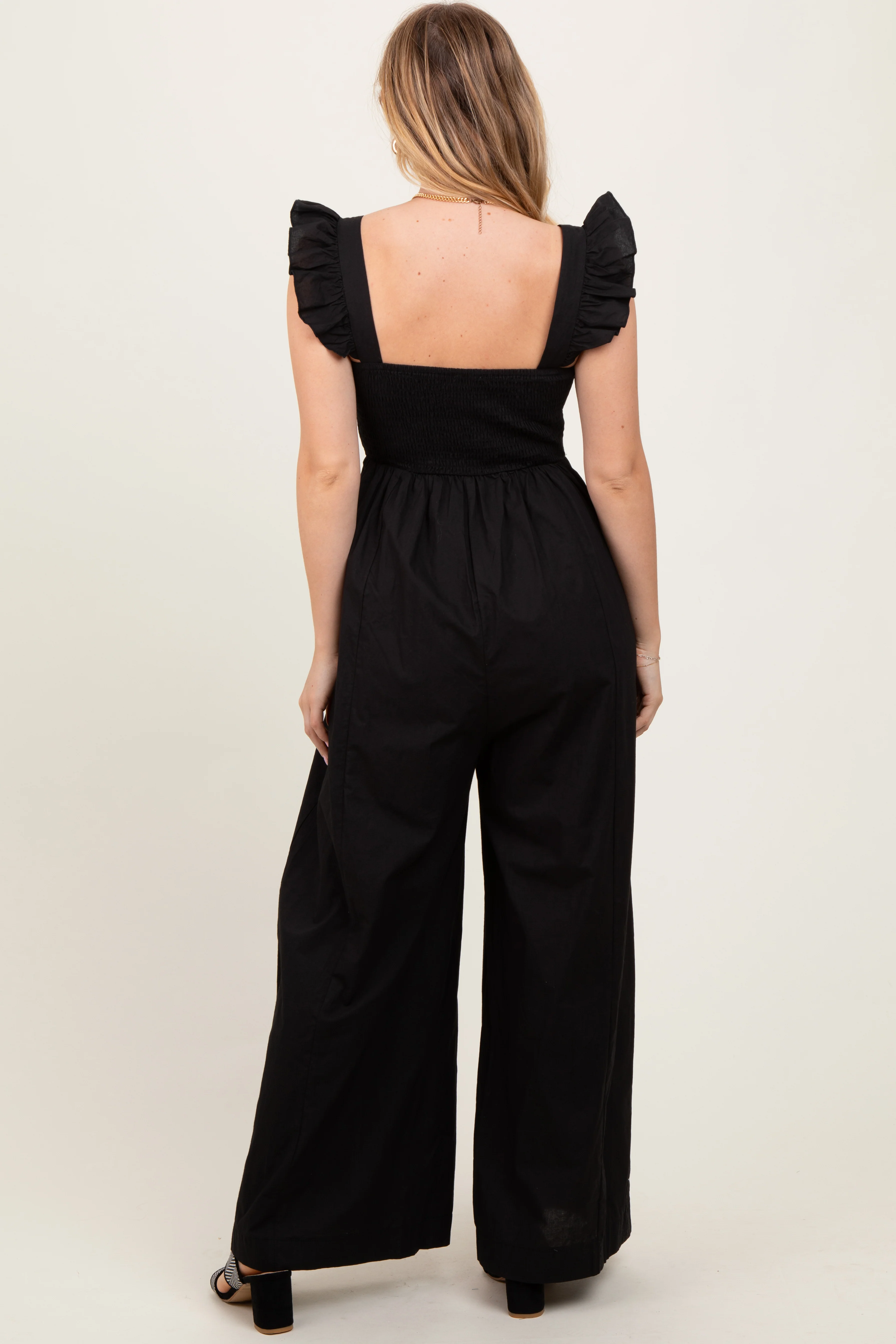 Black Ruffle Strap Smocked Wide Leg Jumpsuit - Image 4