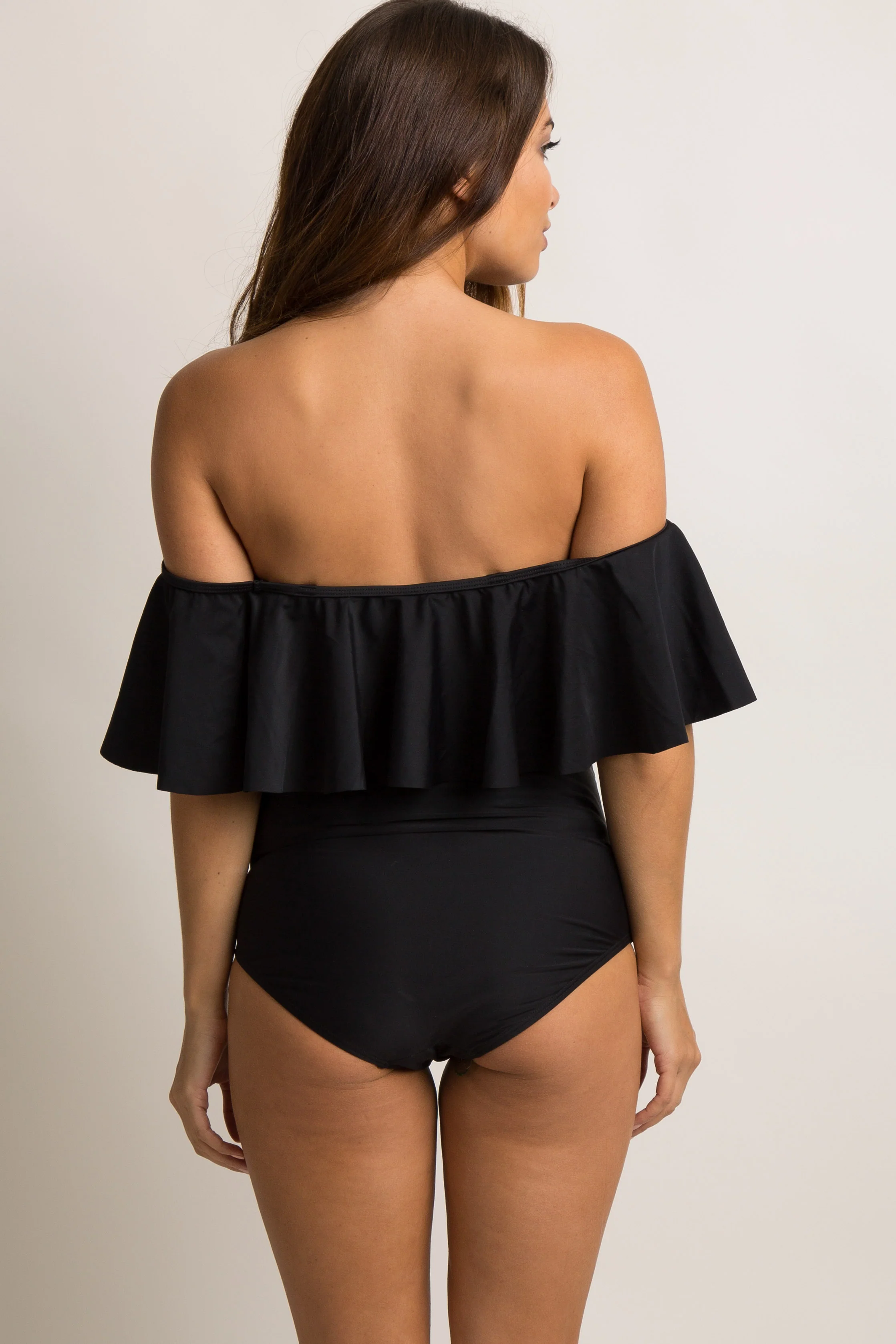 Black Ruffle Trim Ruched One-Piece Maternity Swimsuit - Image 5