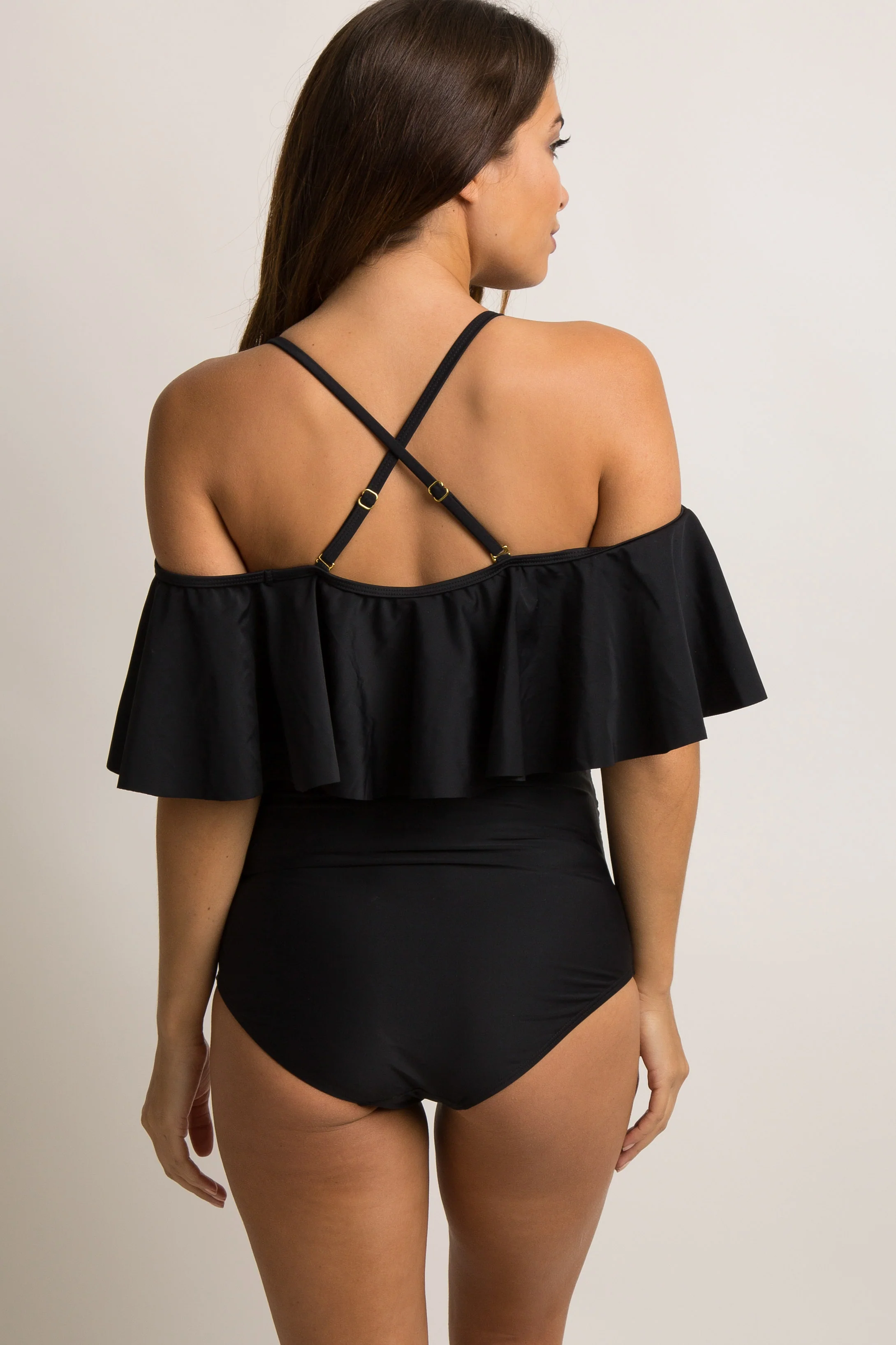 Black Ruffle Trim Ruched One-Piece Maternity Swimsuit - Image 7