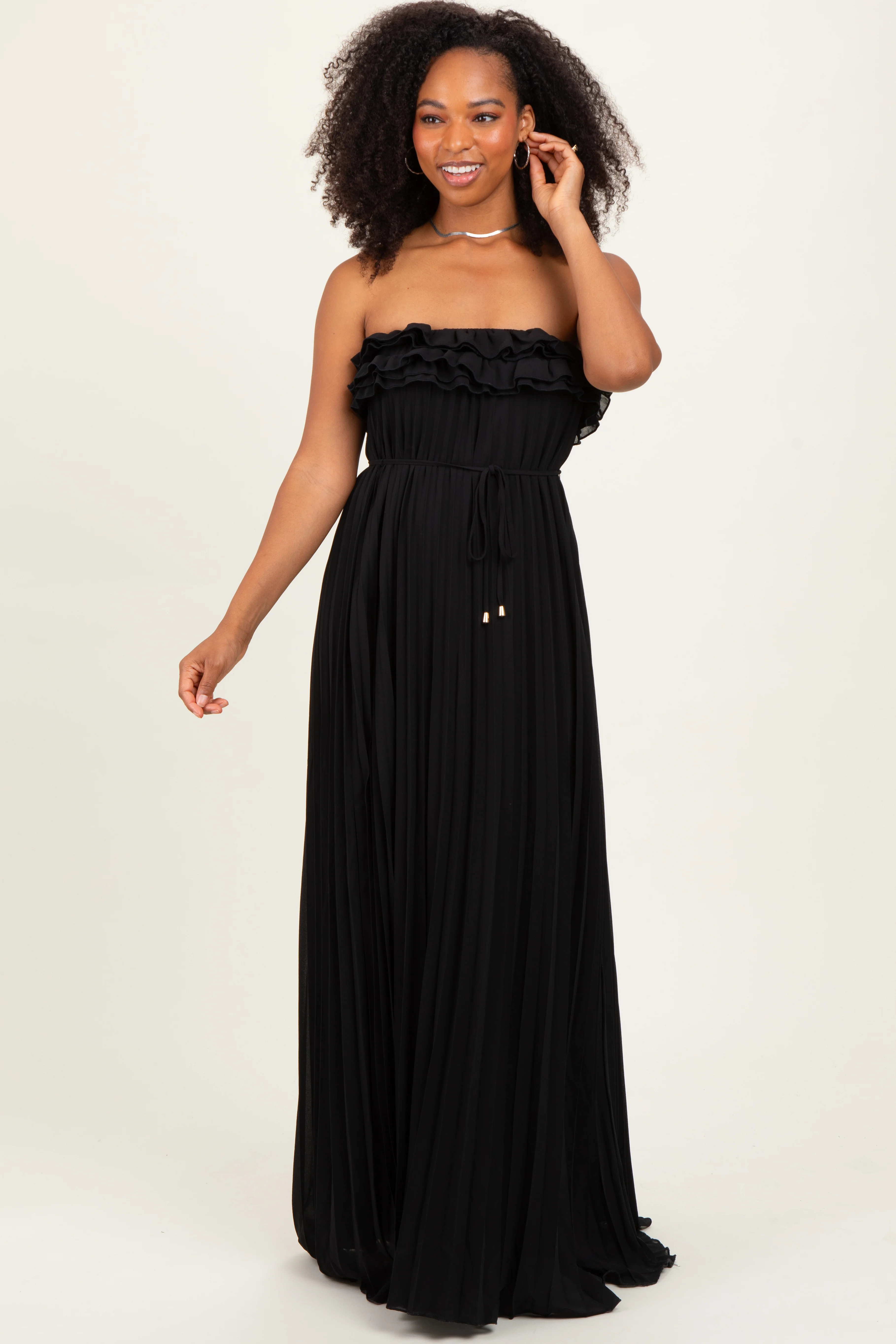 Black Ruffled Chest Pleated Maternity Maxi Dress With Self Tie - Image 5