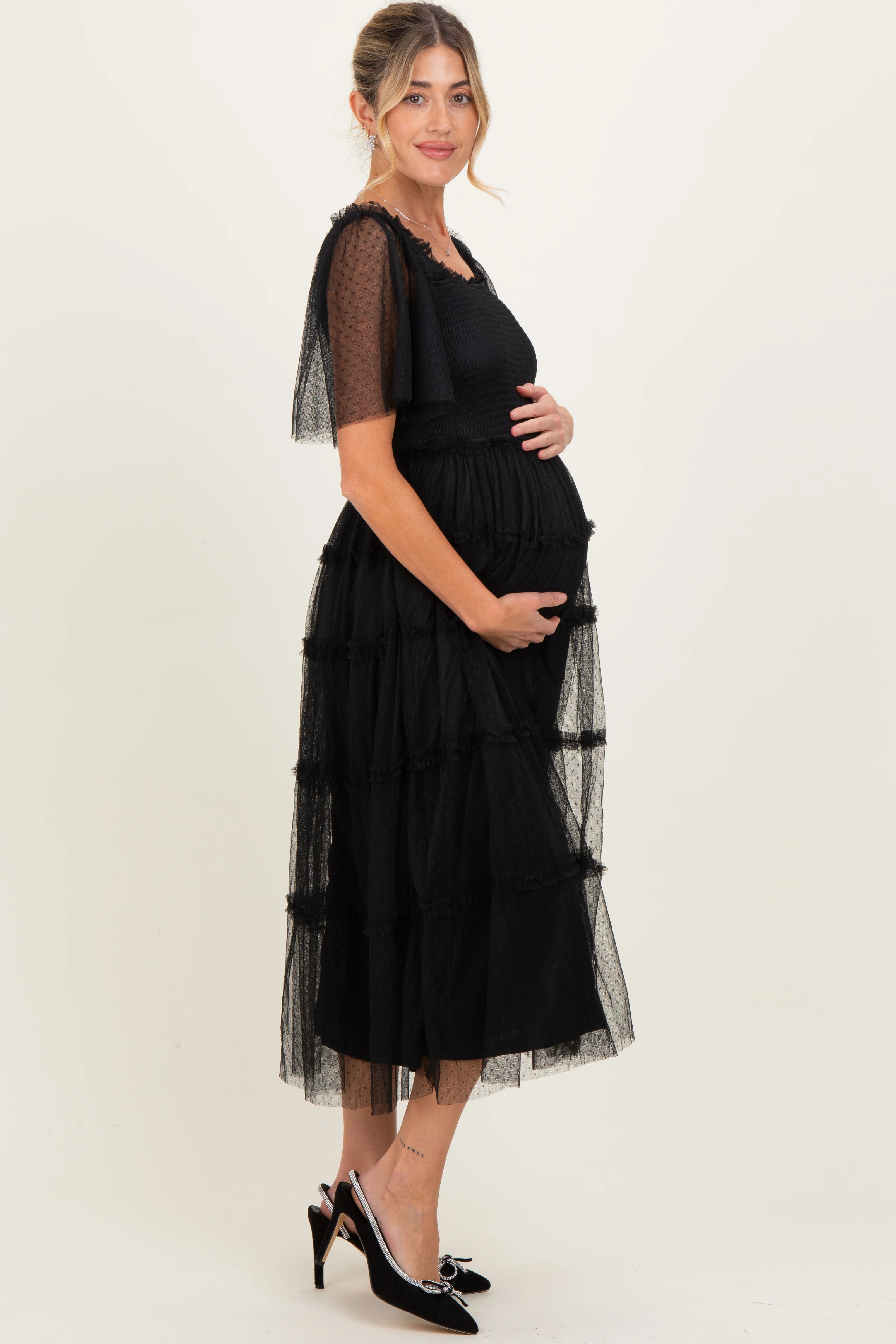 Black Ruffled Mesh Maternity Maxi Dress - Image 3