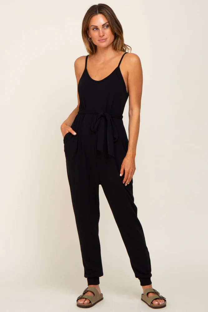 Black Sash Tie Maternity Jumpsuit - Image 6