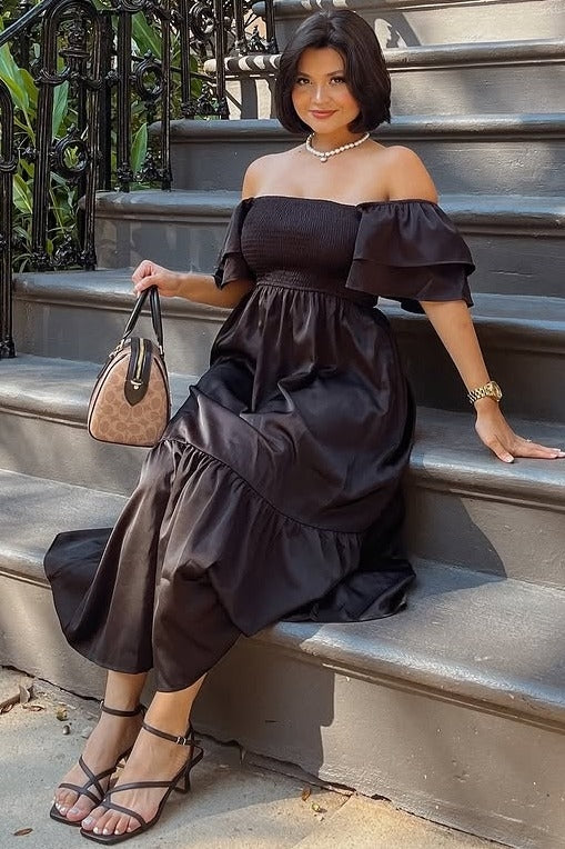 Black Satin Flutter Sleeve Midi Dress - Image 5