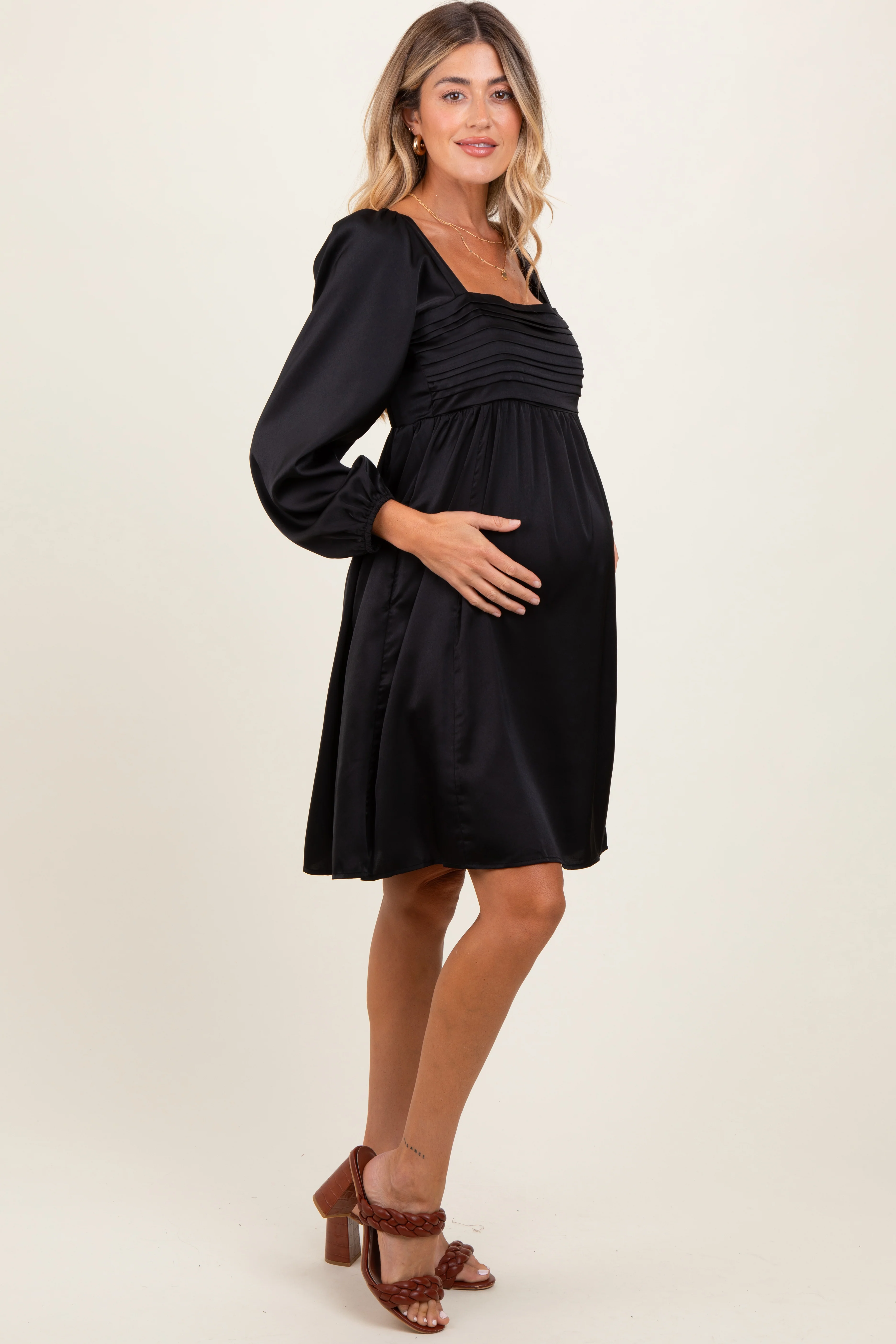 Black Satin Pleated Detail Bodice Maternity Dress - Image 3