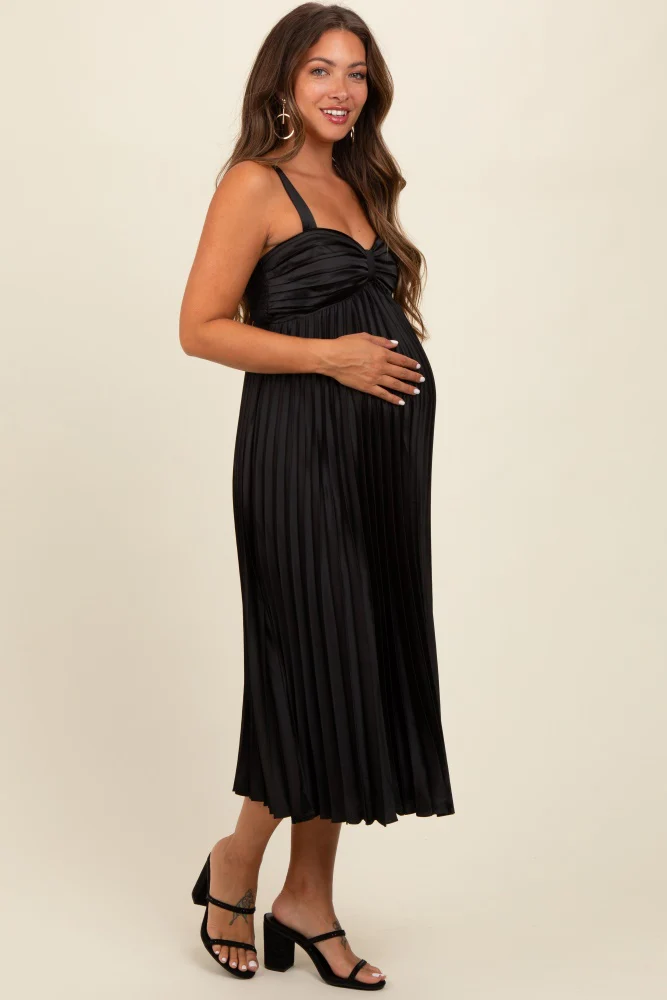 Black Satin Pleated Sweetheart Maternity Midi Dress - Image 2