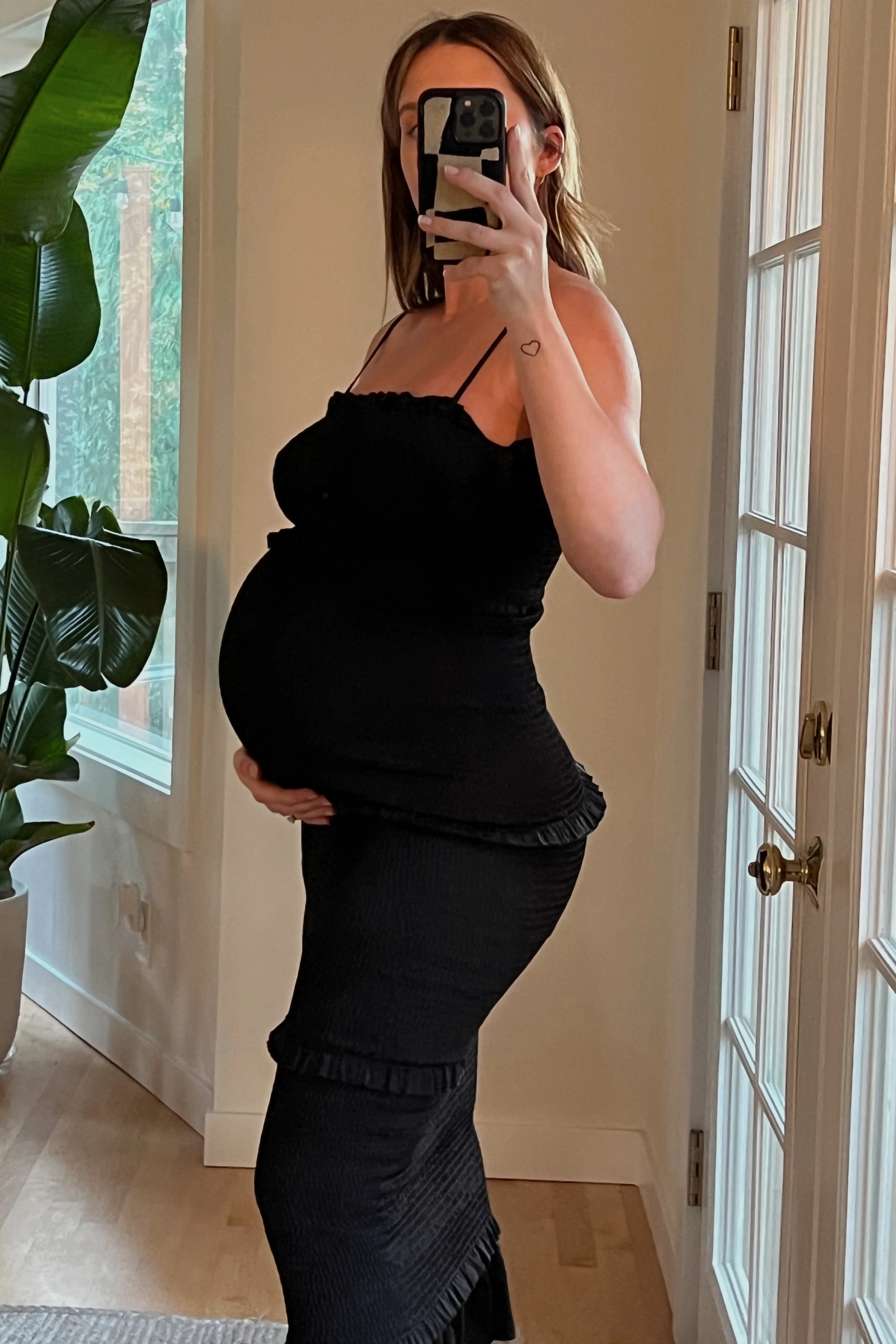 Black Satin Smocked Fitted Maternity Midi Dress - Image 11