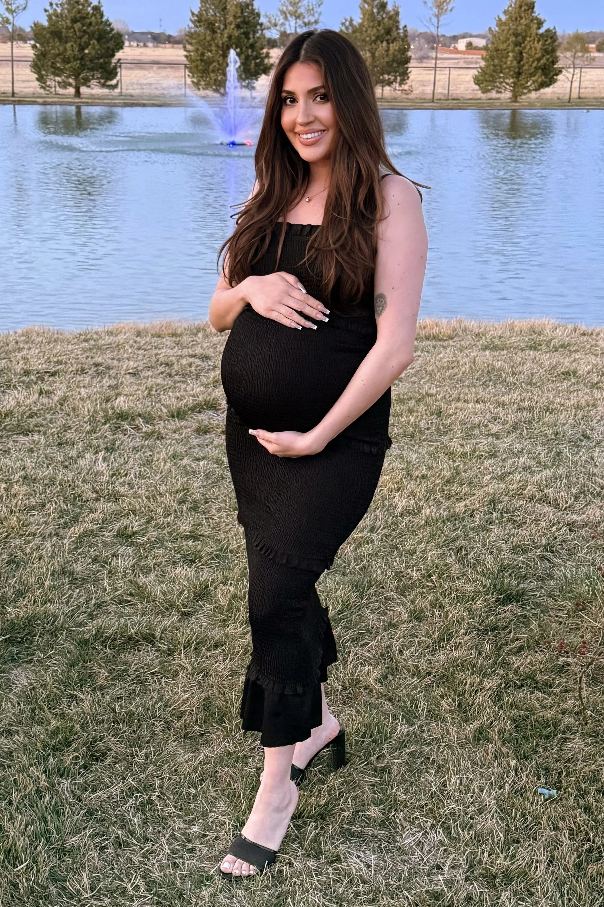 Black Satin Smocked Fitted Maternity Midi Dress - Image 12