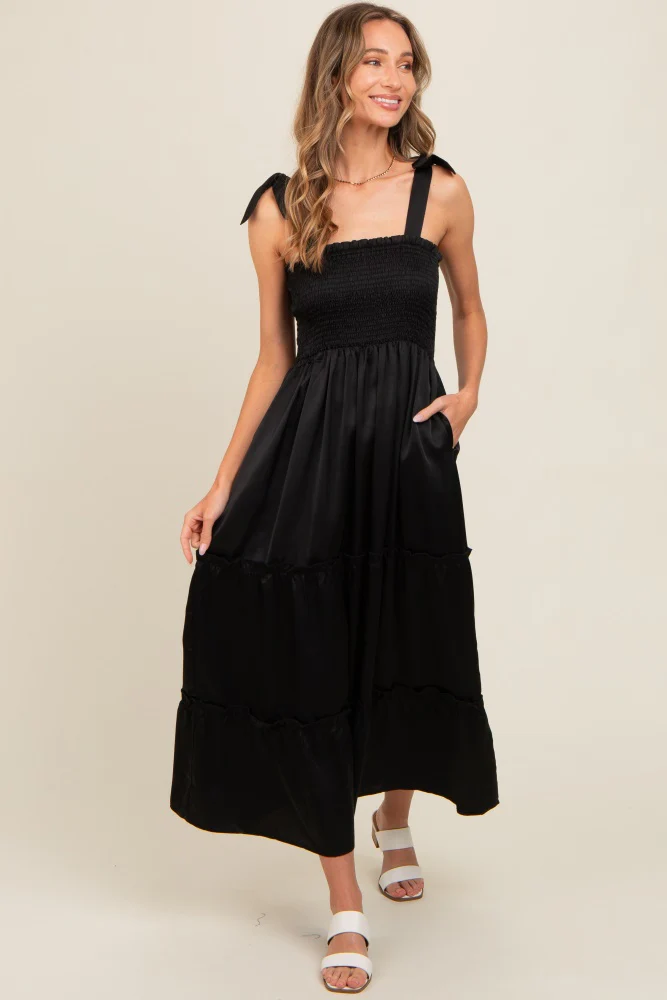 Black Satin Smocked Maxi Dress - Image 2