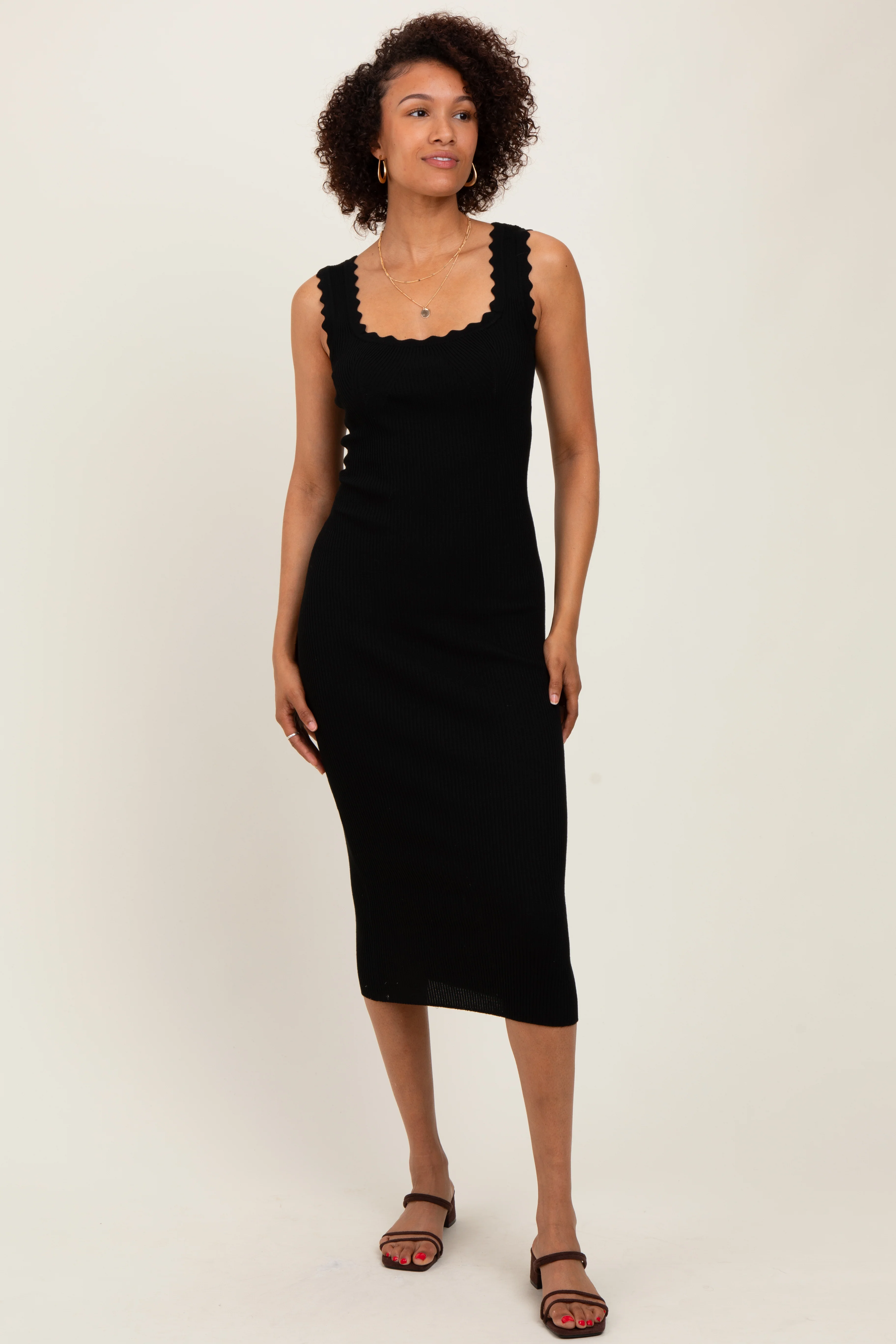Black Scallop Trim Ribbed Knit Sleeveless Midi Dress - Image 2