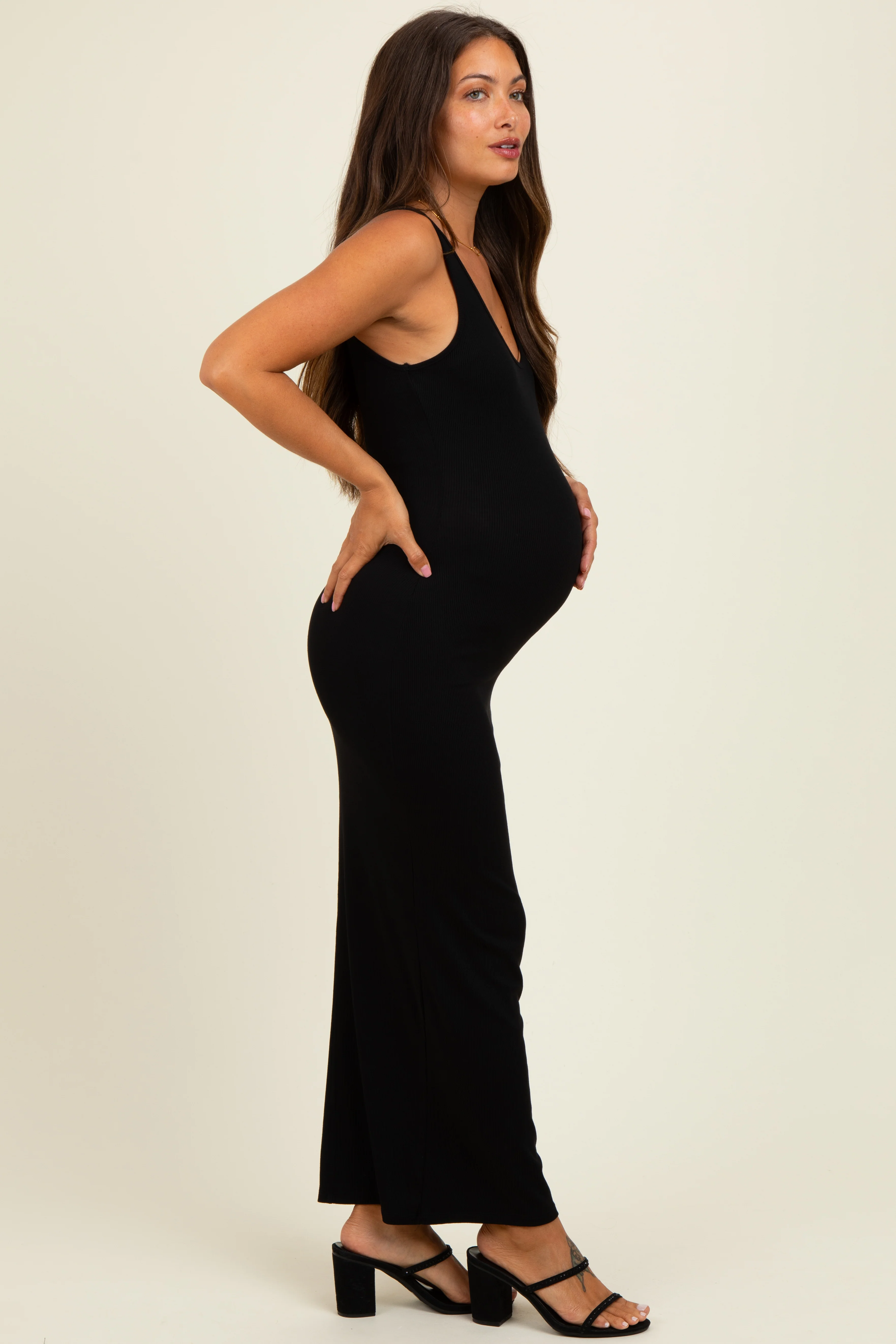 Black Scoop Neck Sleeveless Rayon Rib Maternity Maxi Knit Dress - Image 3