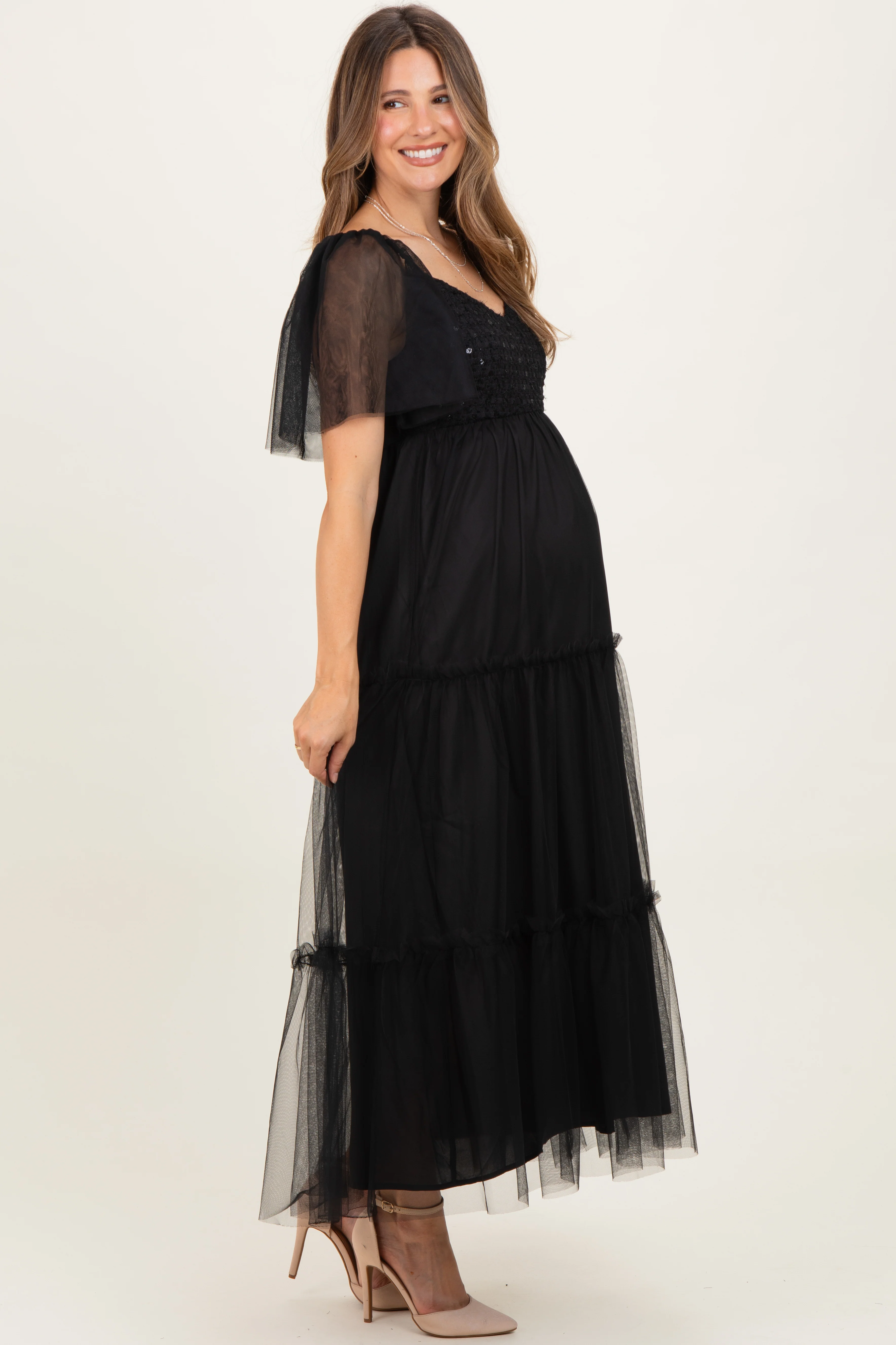 Black Sequin Bodice Tulle Tiered Maternity Midi Dress - Image 3