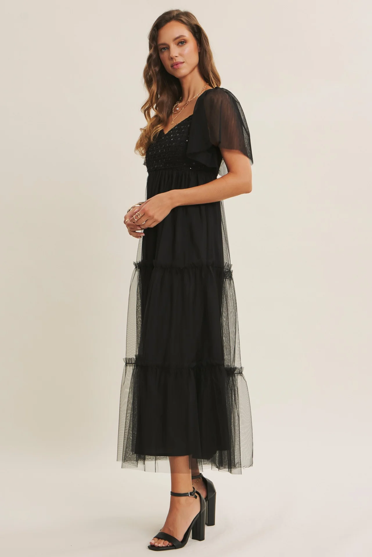 Black Sequin Bodice Tulle Tiered Midi Dress - Image 2