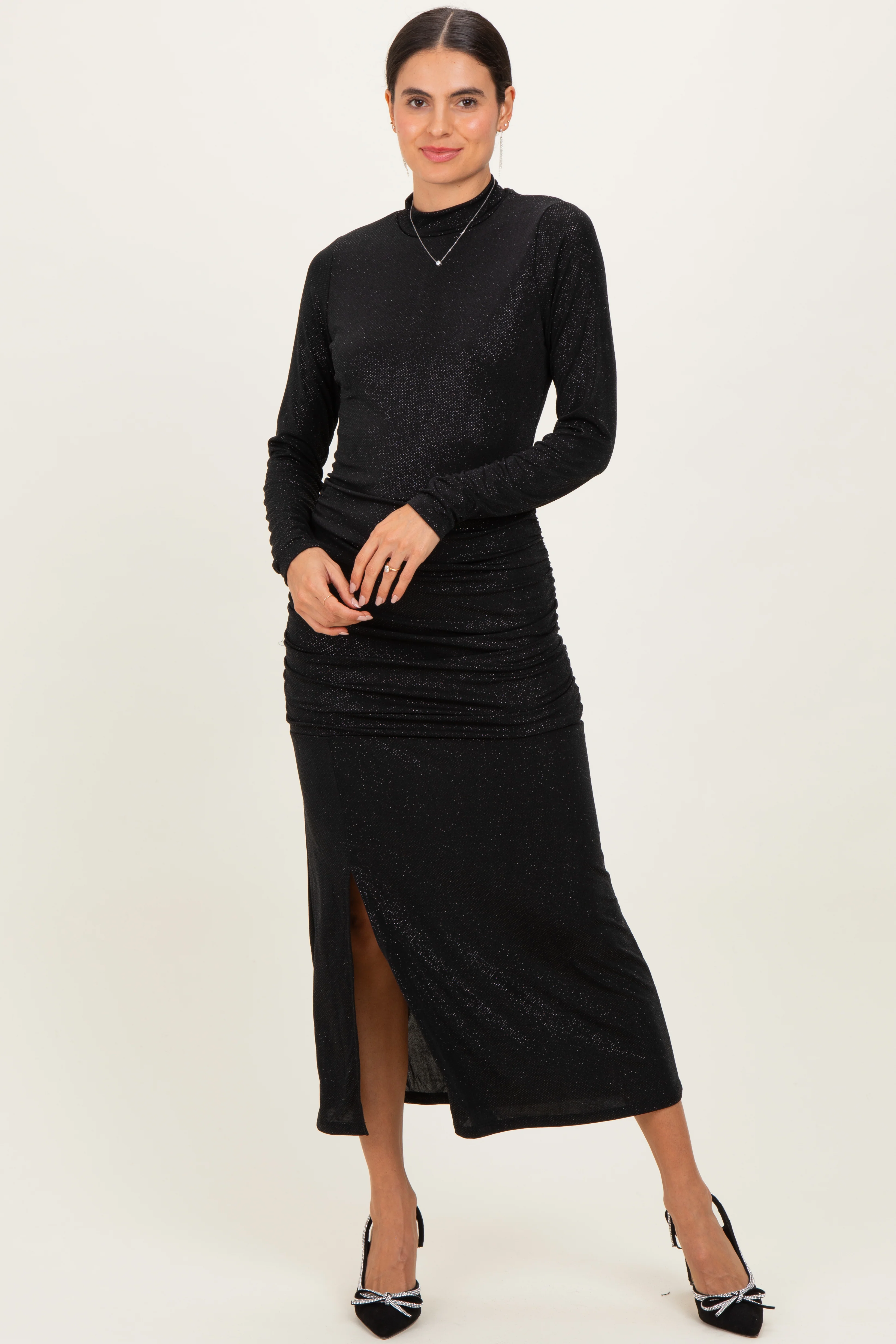 Black Sequin Long Sleeve Mock Neck Maternity Maxi Dress - Image 5