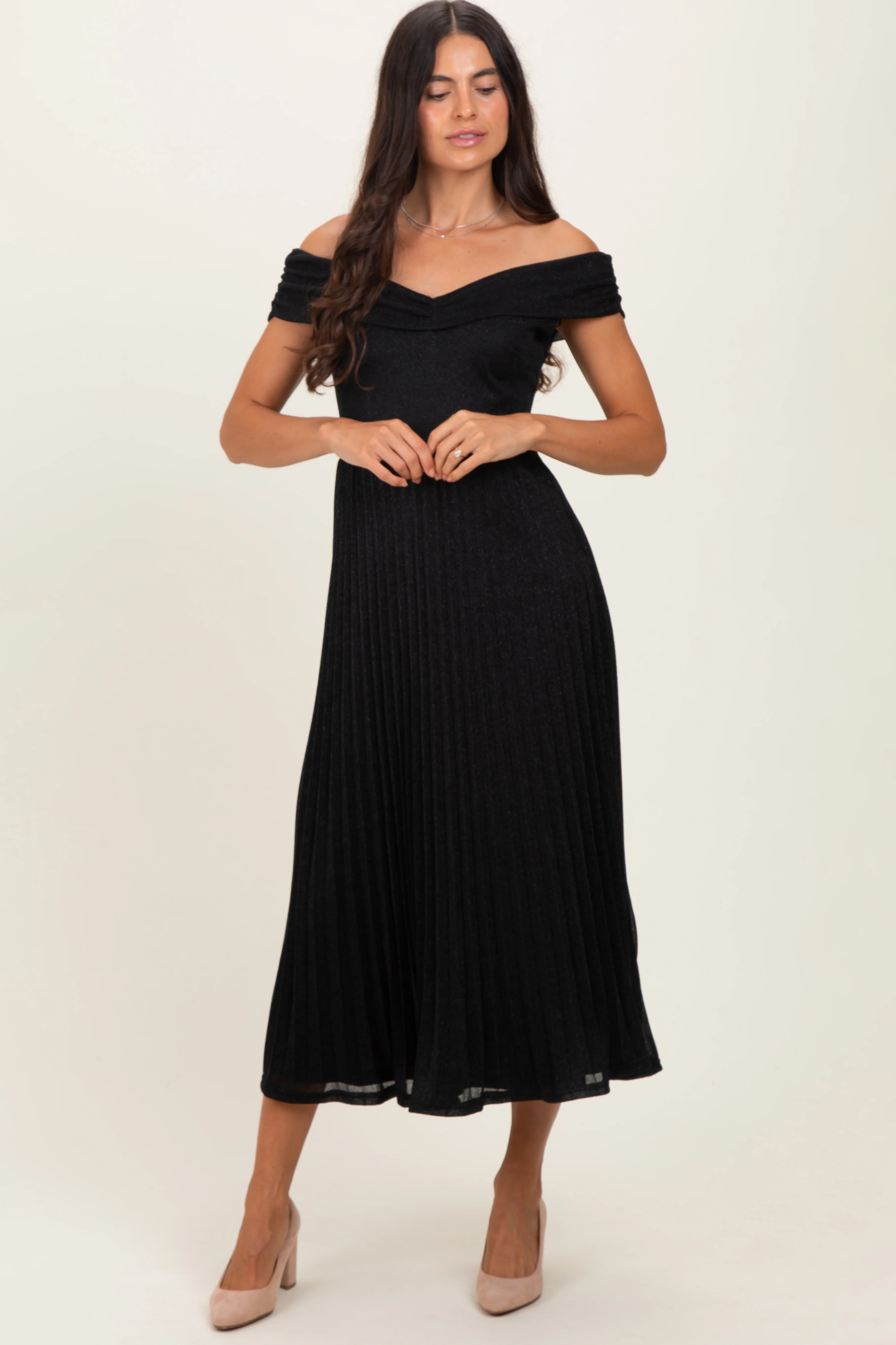 Black Shimmer Off Shoulder Pleated Midi Dress - Image 2
