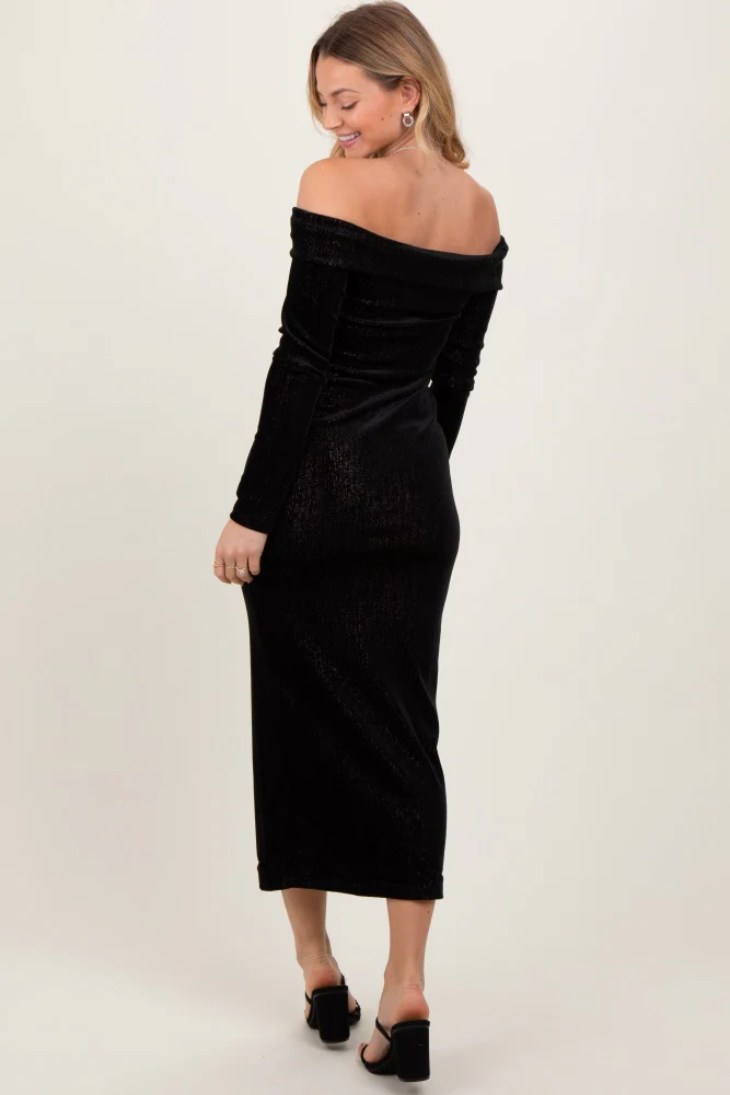 Black Shiny Velour Off Shoulder Midi Dress - Image 4