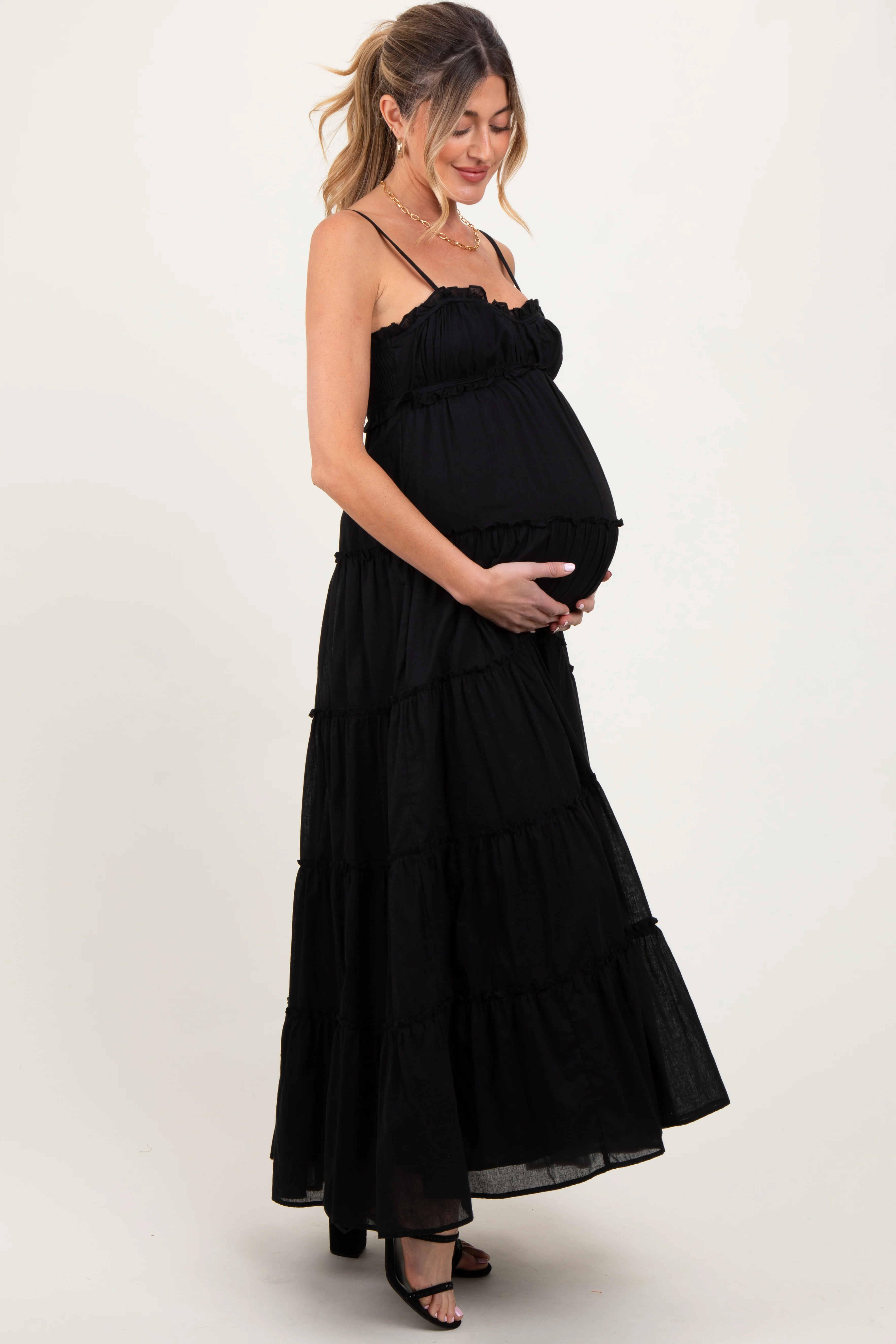 Black Shirred Bust Ruffle Tiered Maternity Maxi Dress - Image 3