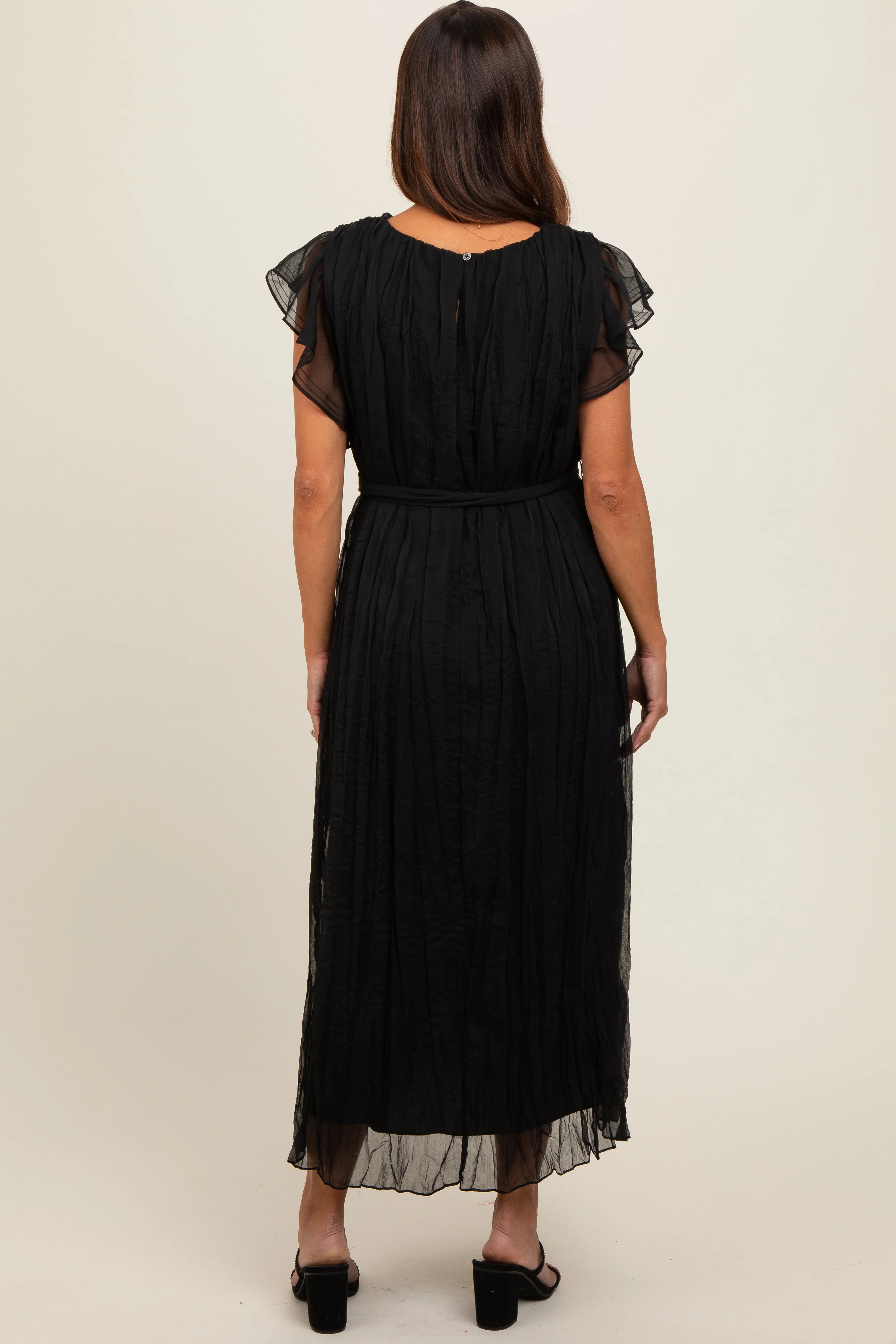 Black Short Sleeve Crinkle Self Tie Maternity Dress - Image 2