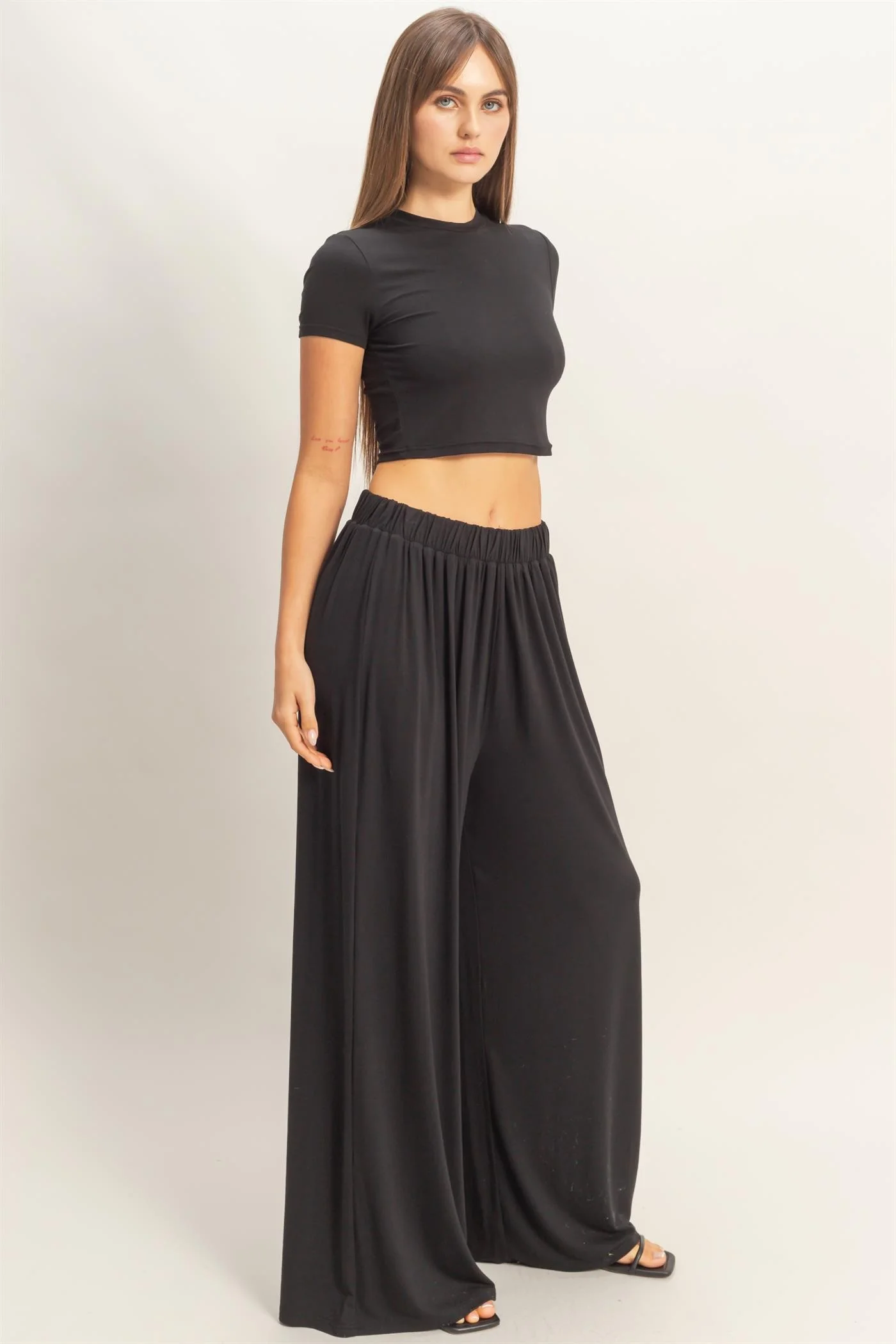 Black Short Sleeve Crop Top Wide Leg Pant Set - Image 3