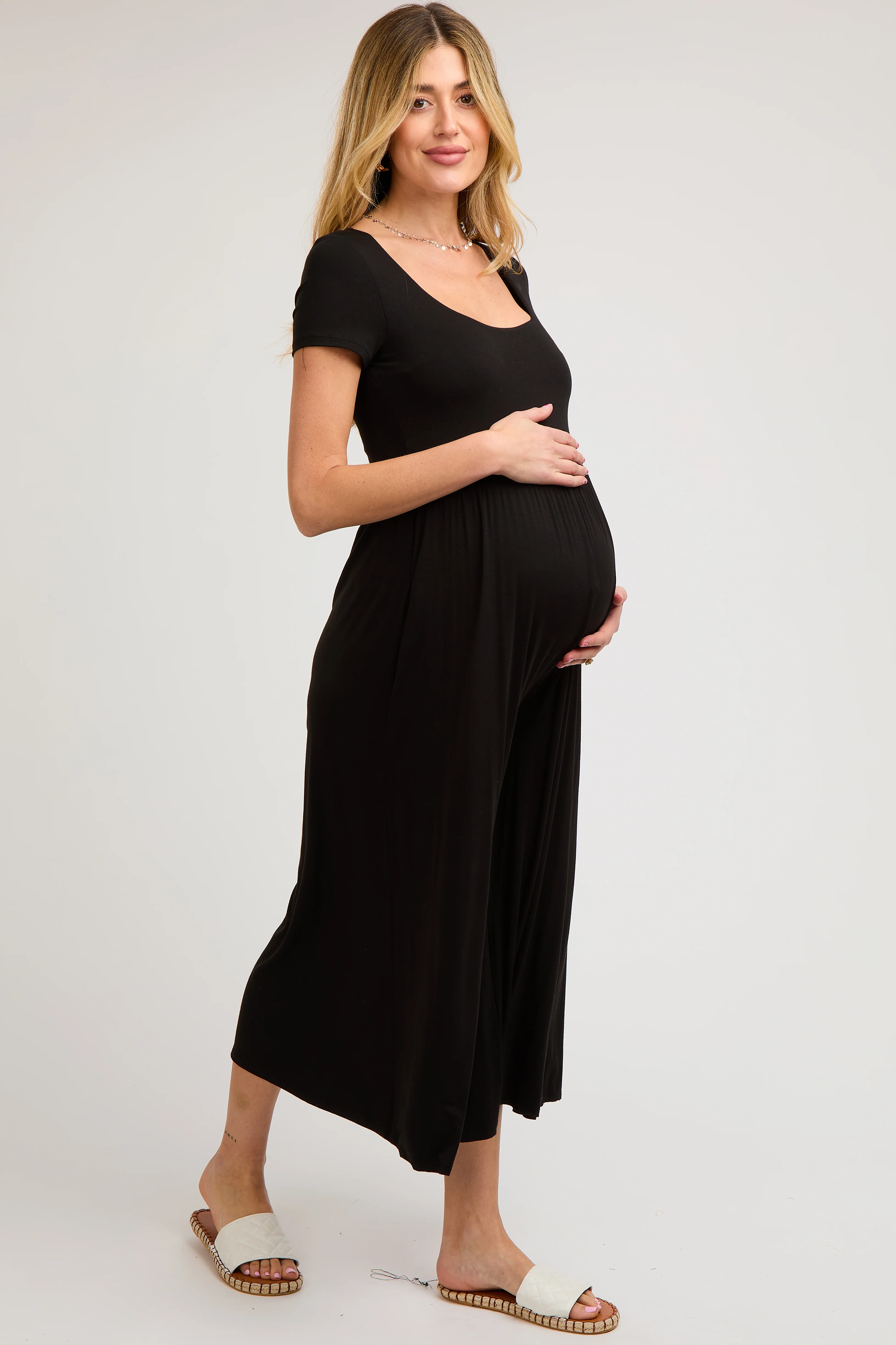 Black Short Sleeve Pocketed Maternity Jumpsuit - Image 3