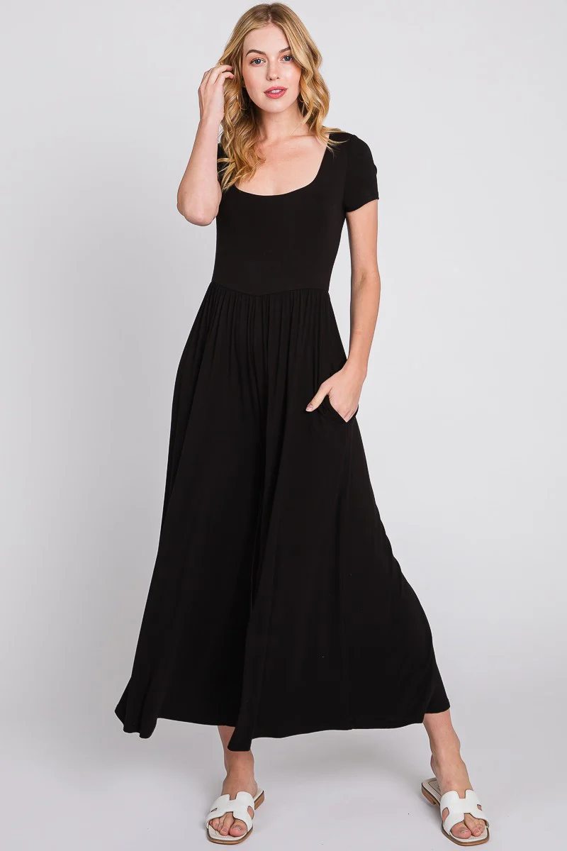 Black Short Sleeve Pocketed Maternity Jumpsuit - Image 5