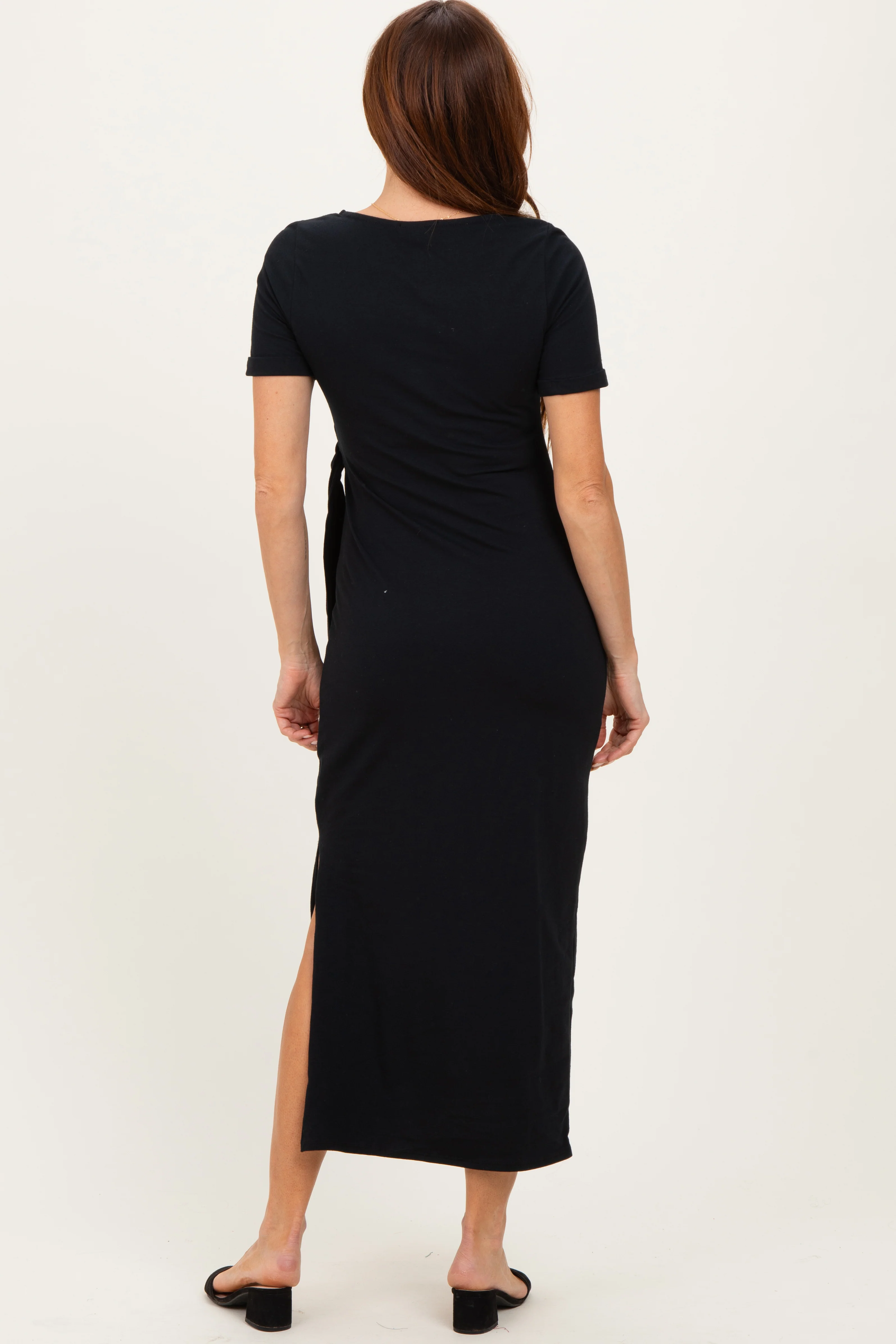 Black Short Sleeve Waist Tie Side Slit Maxi Dress - Image 4