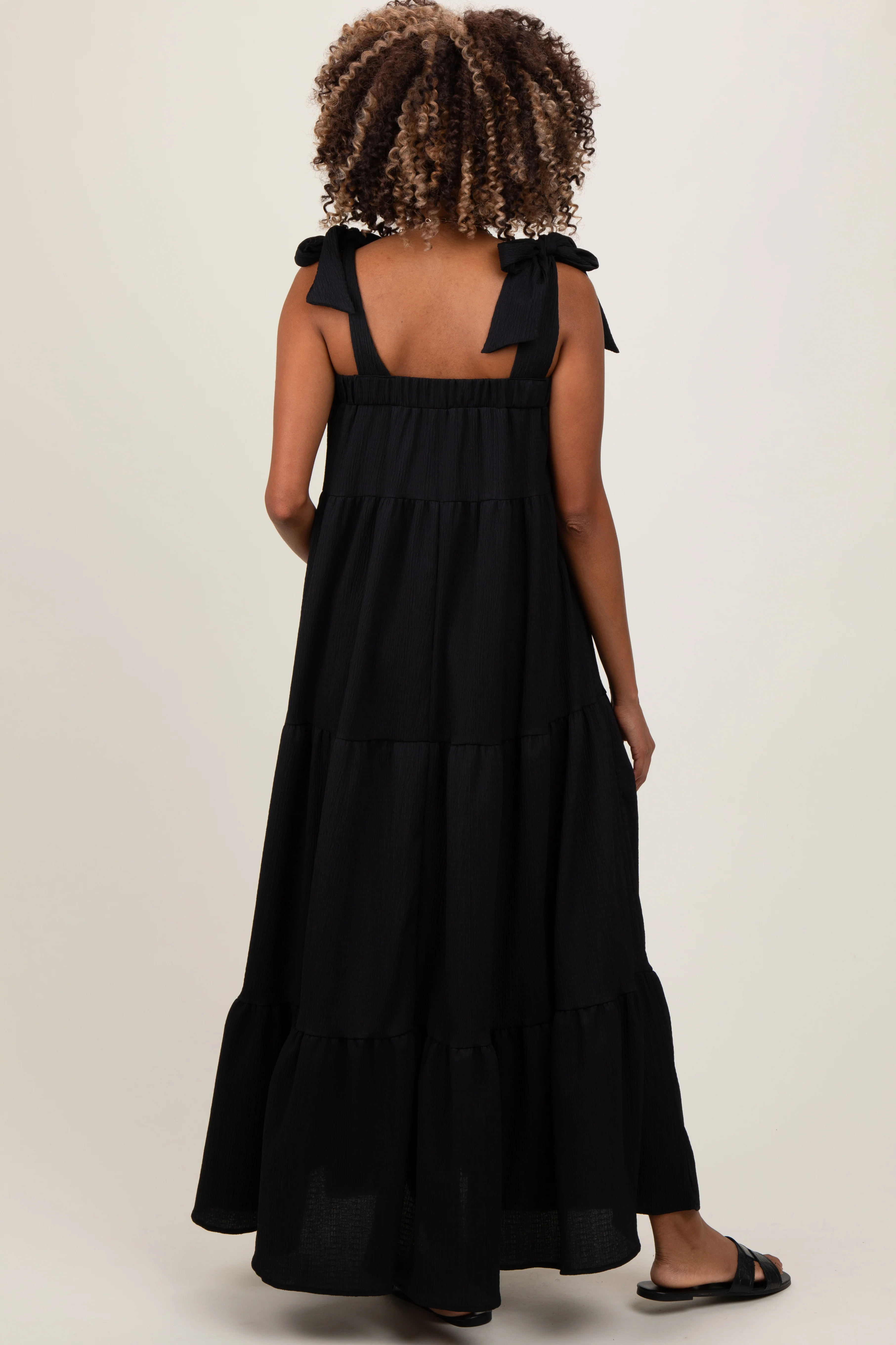 Black Shoulder Tie Tiered Maternity Maxi Dress - Image 3