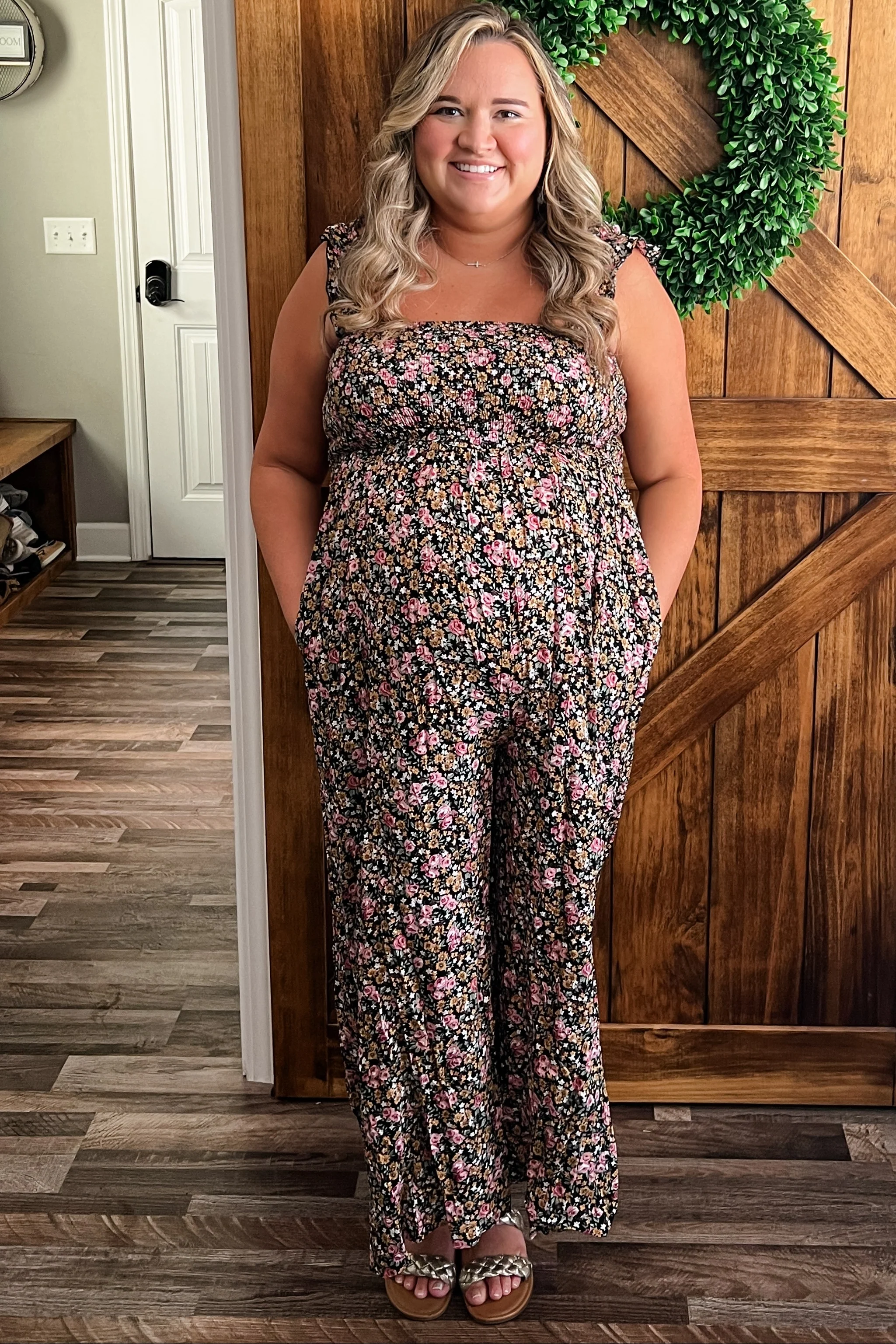 Black Sleeveless Floral Smocked Ruffle Maternity Jumpsuit - Image 5