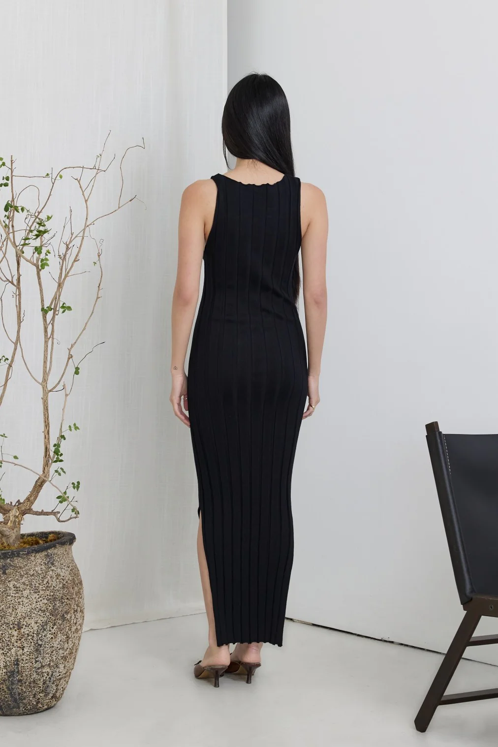 Black Sleeveless Knit Side Slit Midi Dress - Image 3