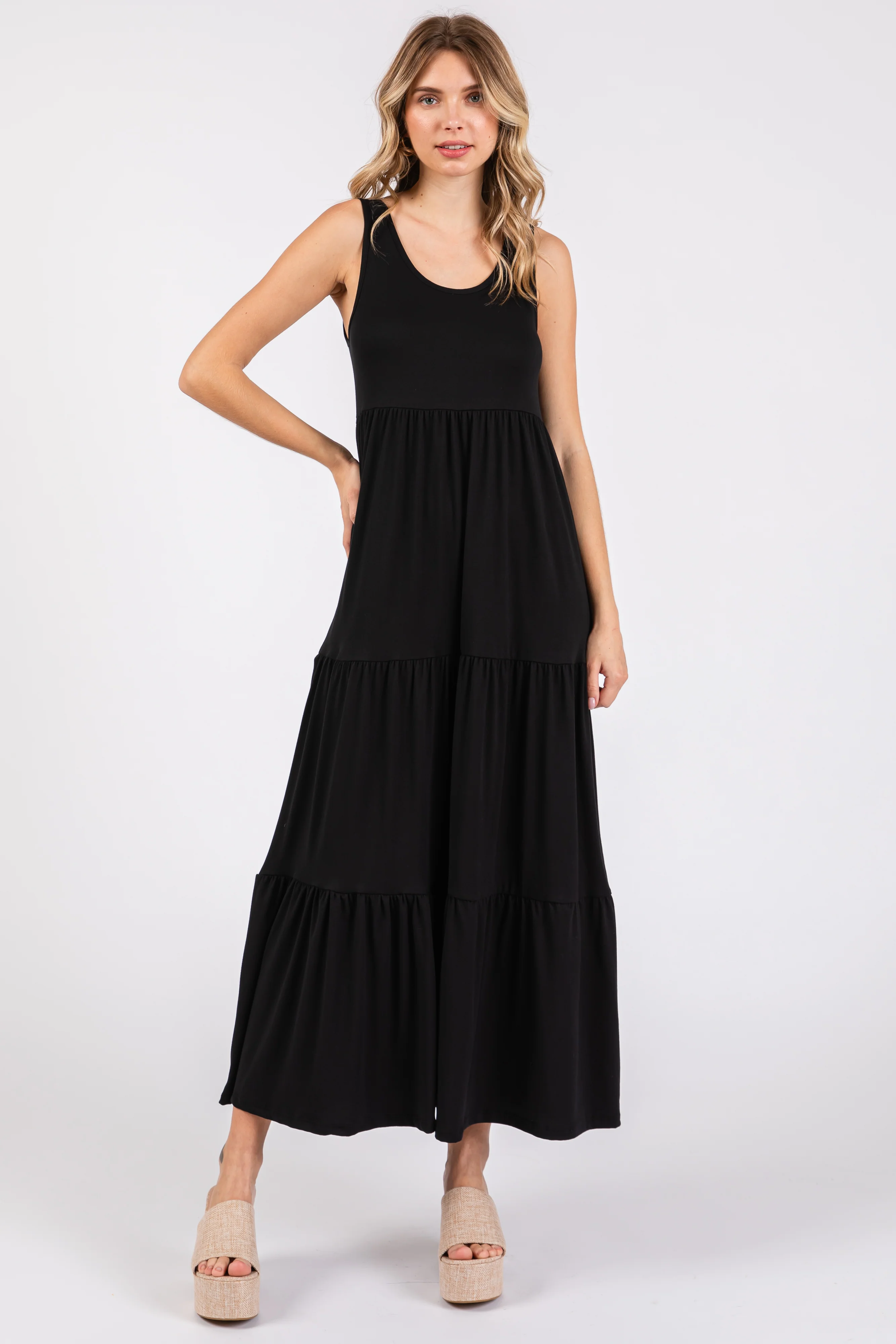 Black Sleeveless Scoop Back Tiered Maternity Maxi Dress - Image 4