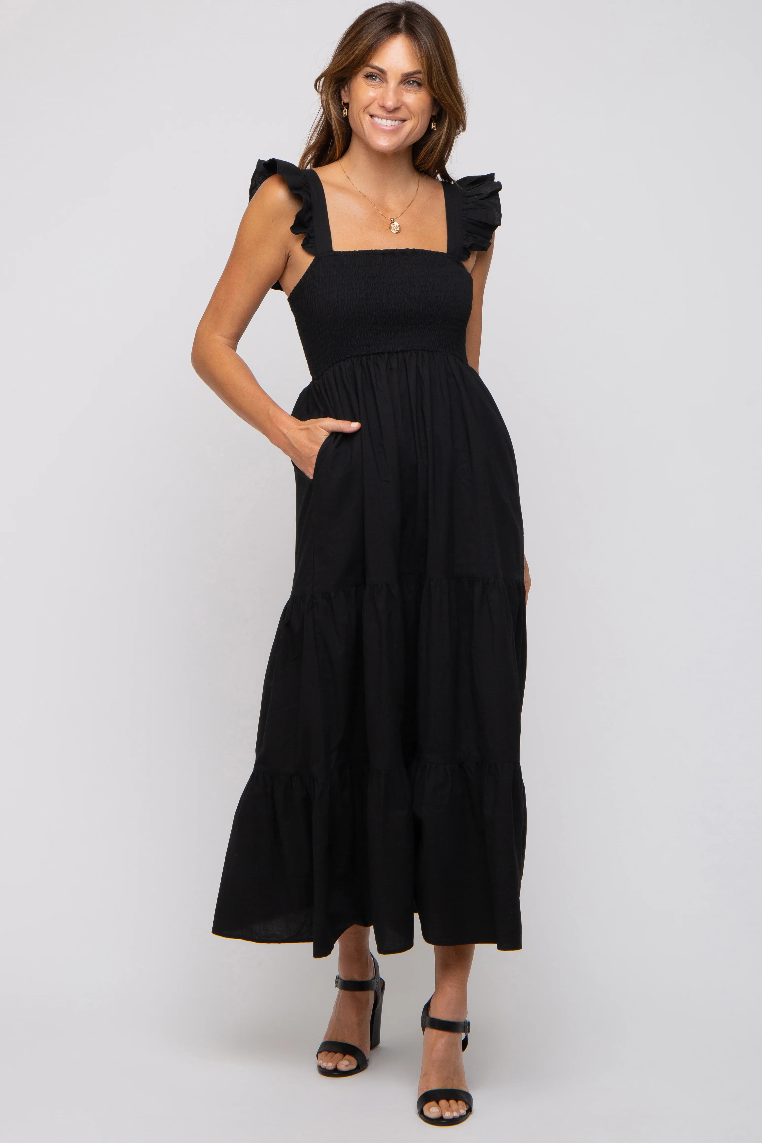 Black Sleeveless Tiered Maternity Maxi Dress - Image 5