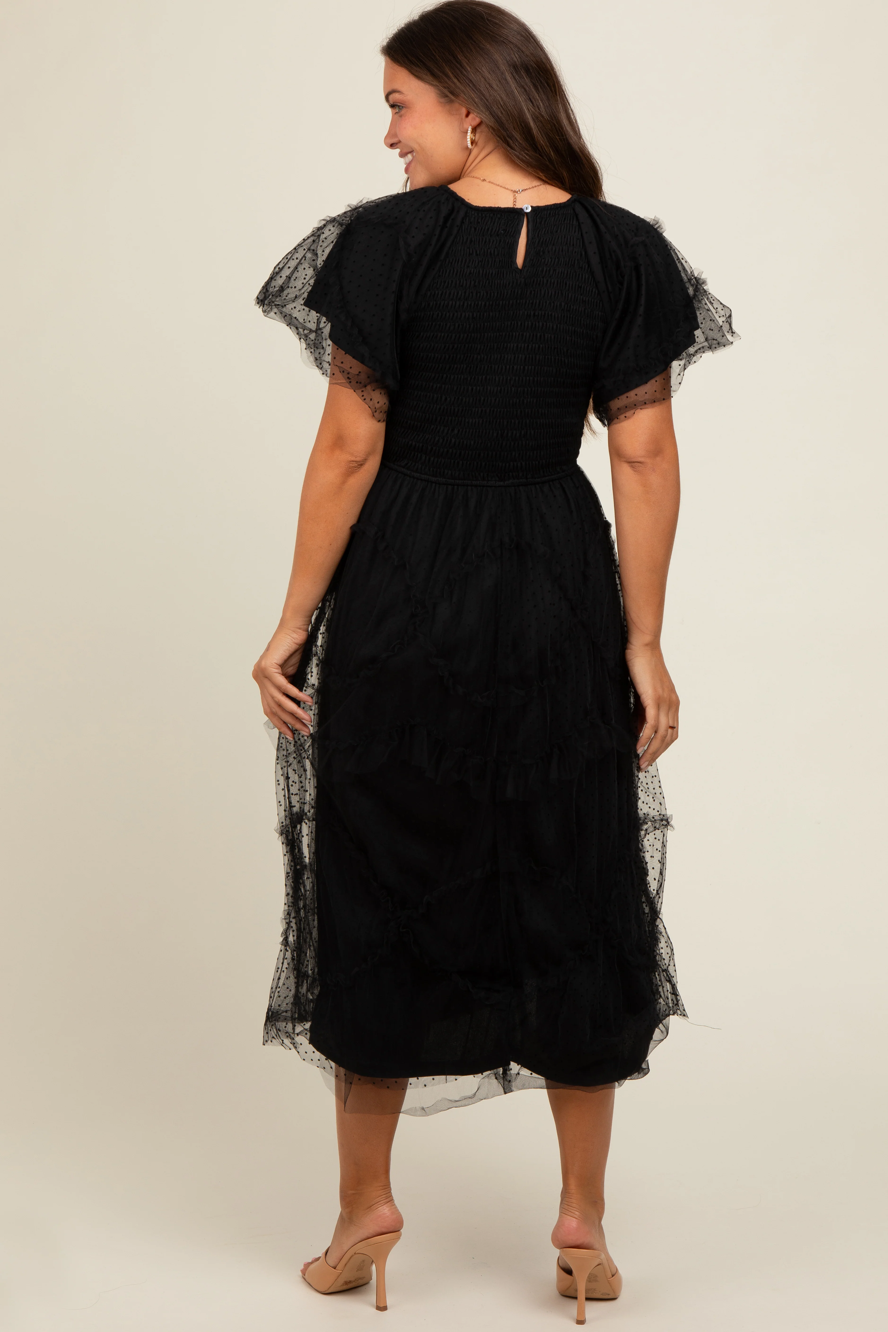 Black Smocked Dotted Tulle Overlay Maternity Midi Dress - Image 4