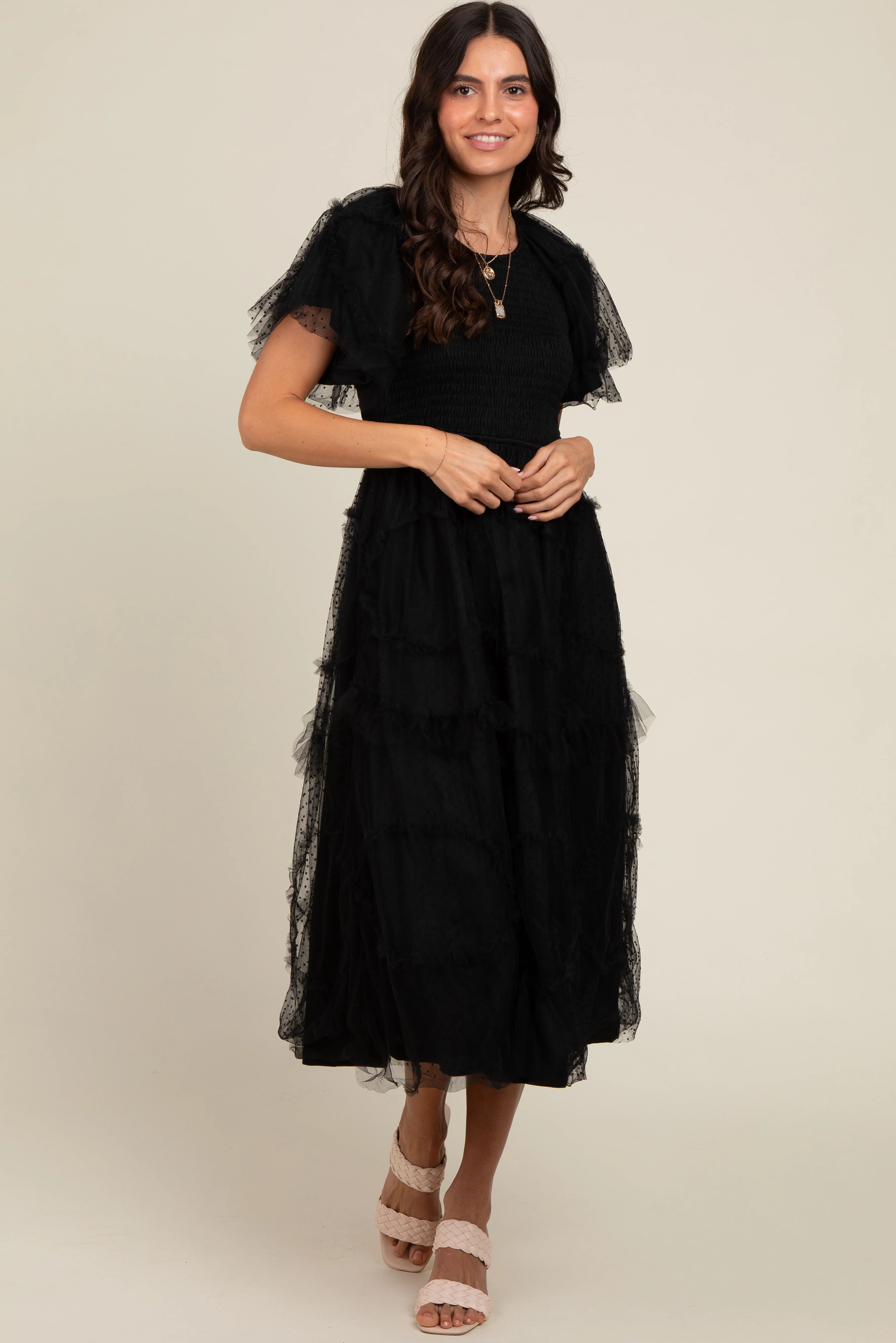 Black Smocked Dotted Tulle Overlay Midi Dress - Image 3