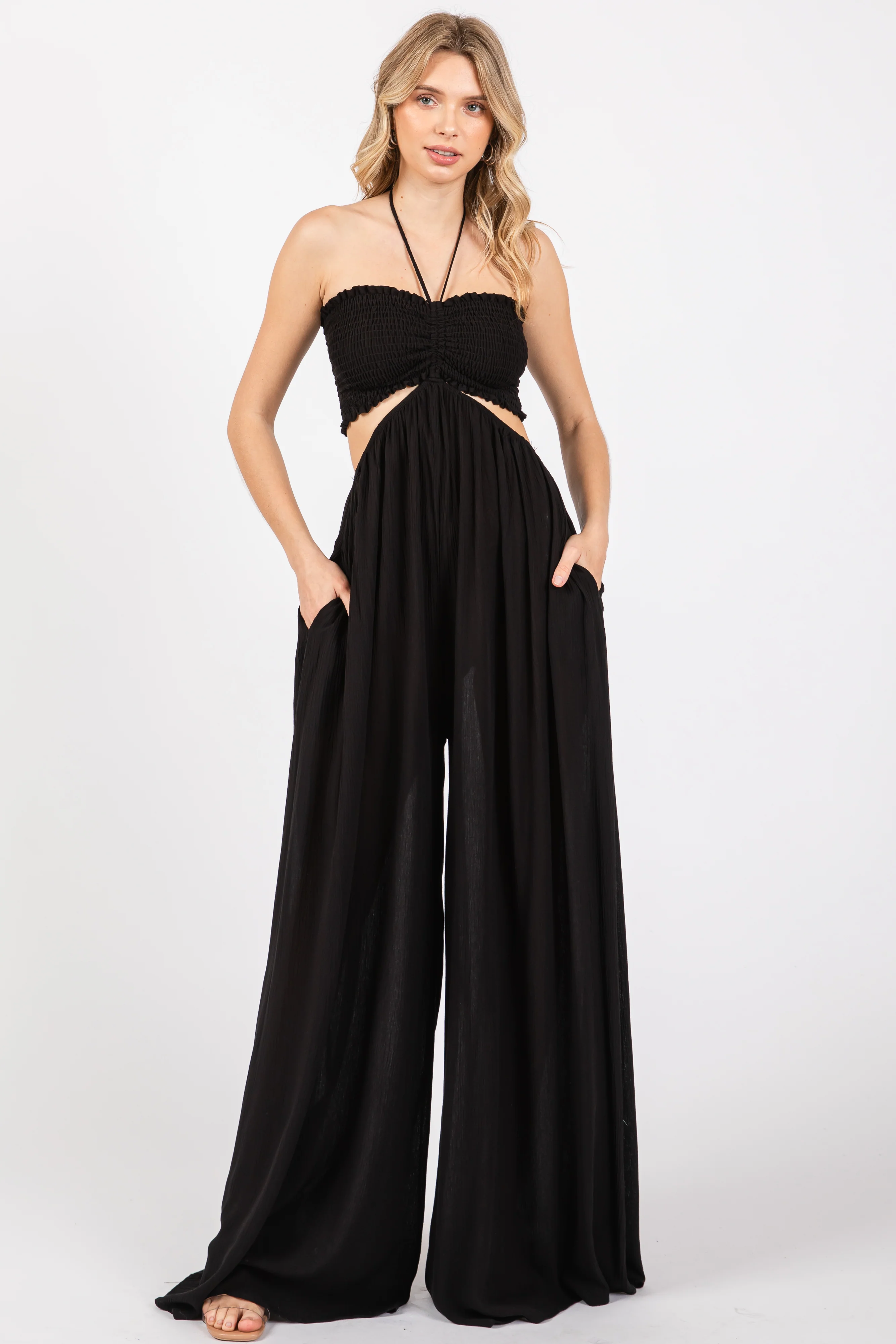 Black Smocked Drawstring Halter Side Cutout Maternity Jumpsuit - Image 5