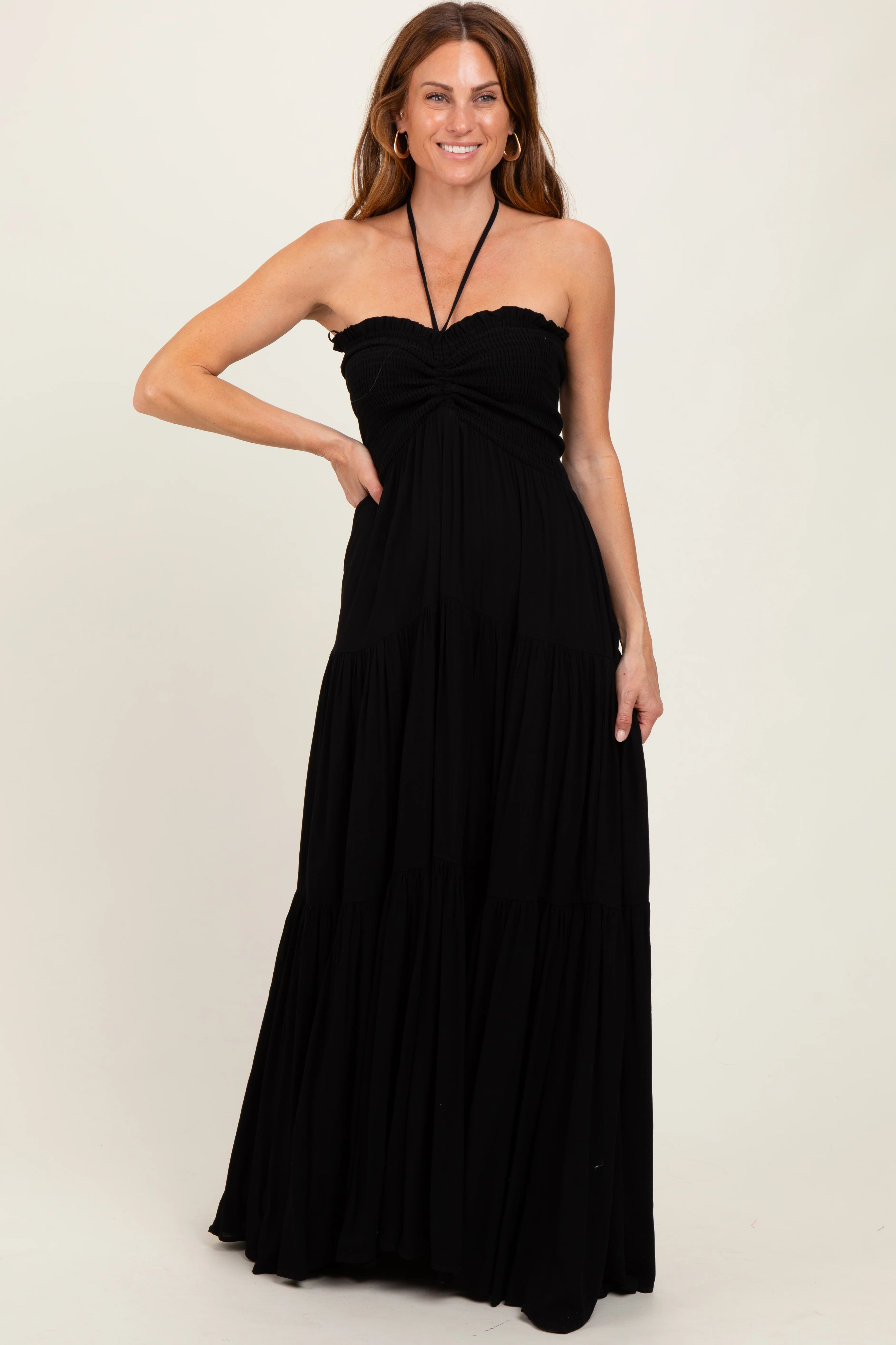 Black Smocked Halter Tiered Maternity Maxi Dress - Image 5