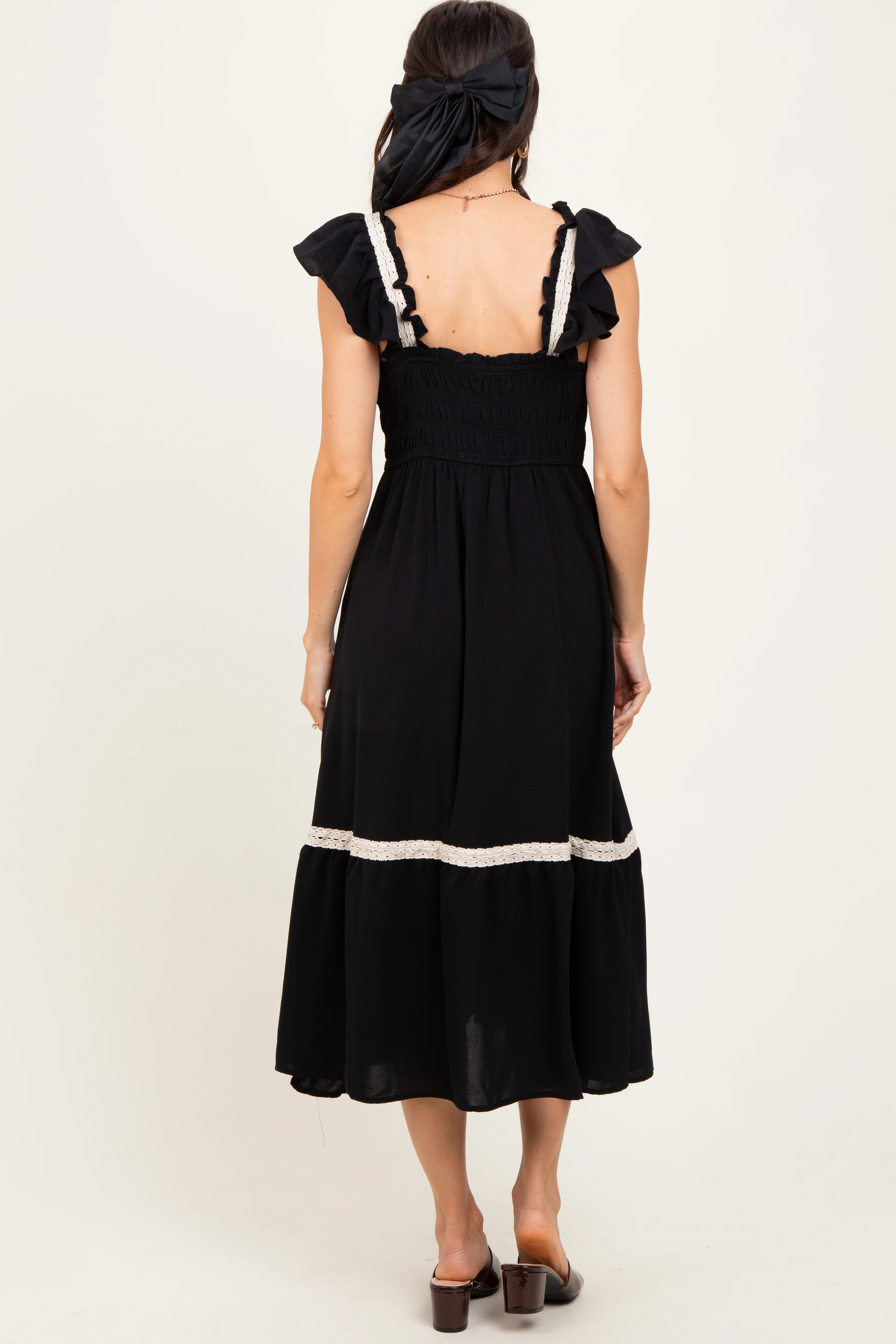 Black Smocked Lace Detail Midi Dress - Image 4